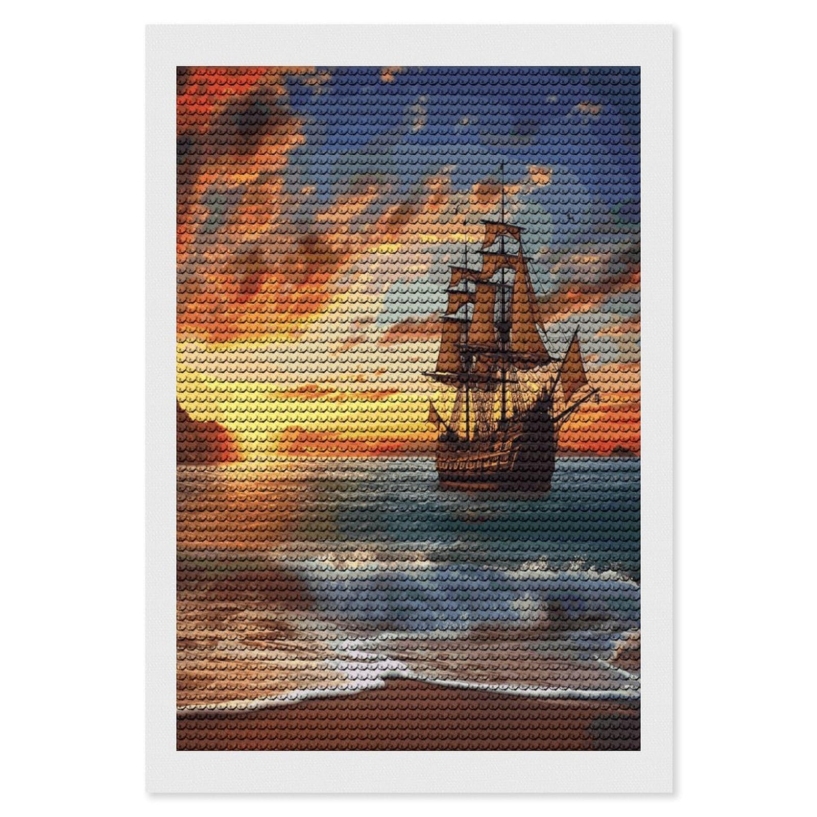JTREHY Pirate Ship in The Sunset Diamond Art Kits Personalized DIY Round Diamond Painting Kits for Beginner Full Drill Diamonds Dots Paintings for Adults Gem Art Crafts Home Decor