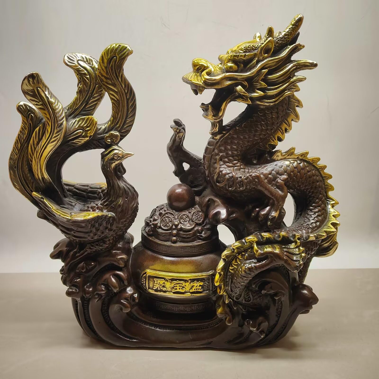 Dytartzx Solid Copper Dragon Phoenix Statue, Handcrafted Fengshui Auspicious Ornament, Chinese Cultural Sculpture for Home Office Entryway Decor, Good Luck & Prosperity