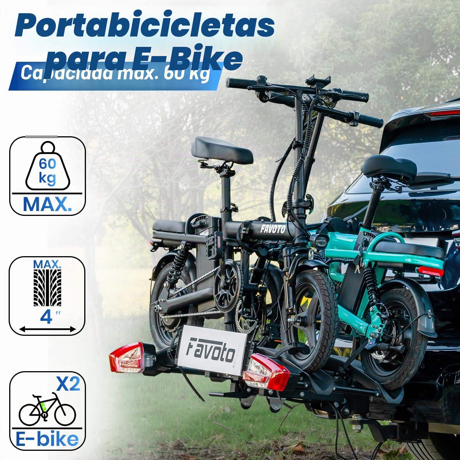 Favoto Portabicicletas E-Bike con Rampa Plegable – Soporte de Bola para 2 Bicis (60kg), Aluminio, Antirrobo, Luces 13 Pines y Soporte Matrícula
