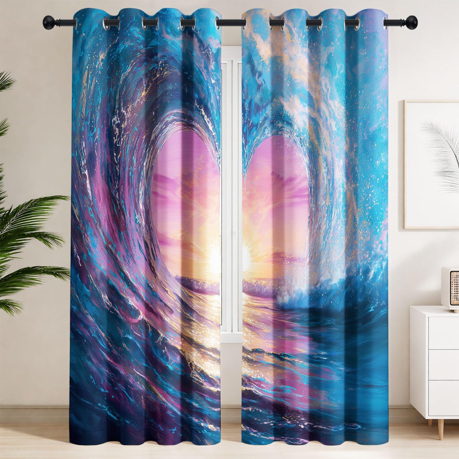 Generisch Herz Wellen Sonnenuntergang Vorhänge B 140 x H 245 cm Blickdichte Verdunklungsvorhänge mit Ösen Traumhaft Romantisch Thermovorhänge für Wohnzimmer und Schlafzimmer, 2er Set