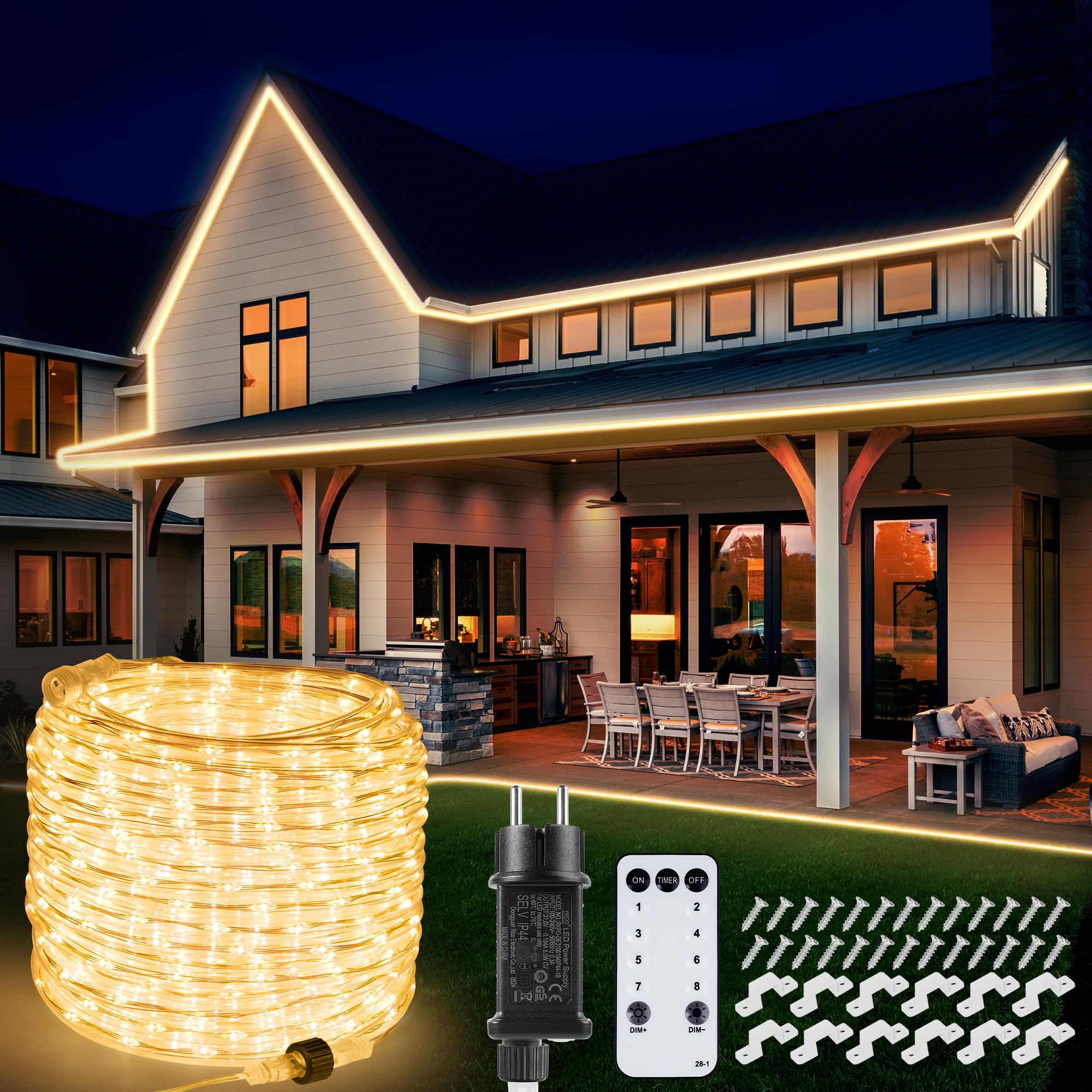StarryEver 30 m, 1200 LED, tubo di luci per esterni, collegabile, luce bianca calda, con timer a distanza, 8 modalità IP68, tubo luminoso per esterni, alimentazione per esterni, giardino, balcone