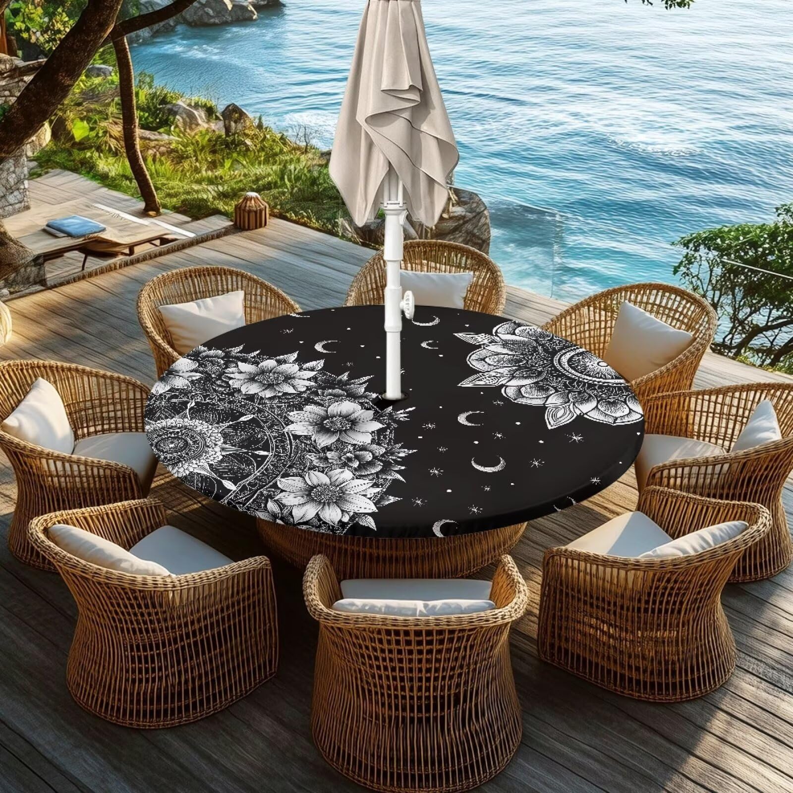 Urndoeng Bohemia Style Outdoor Tablecloth with Umbrella Hole Waterproof Round Vinyl Fitted Tablecloth with Elastic Zippered Mandala Wipeable Table Cloth Round Cover for Picnic Patio,Bar Black White - Image 2