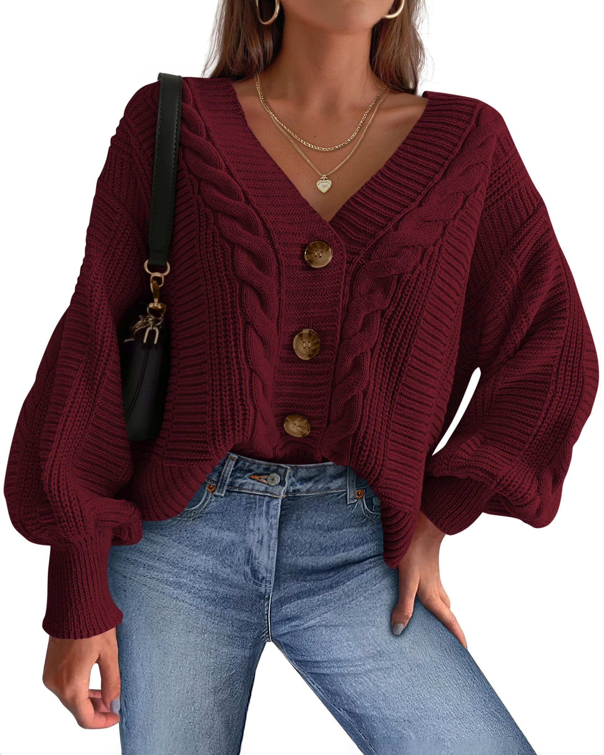 dowerme Cardigan Sweaters for Women Fall Fashion 2025 V Neck Long Sleeve Chunky Cable Knit Sweaters Button Loose