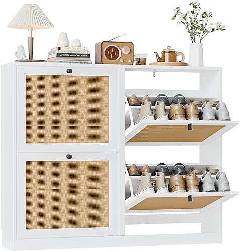 Anmytek Armario grande de almacenamiento de zapatos de ratán natural con 4 cajones abatibles, armario de almacenamiento de zapatos independiente con