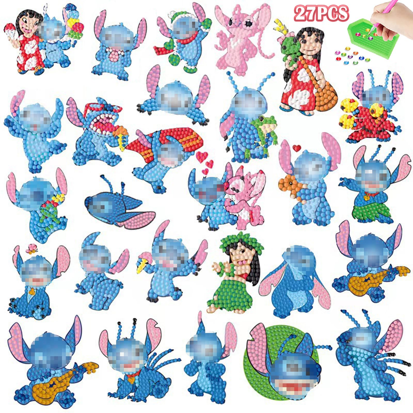 Acuiwer 27PCS Diamond Painting Kits for Kids Diamond Painting Stickers DIY Diamond Arts Stickers Kit 5D Cartoon Mosaic Stickers Gem Arts and Crafts Kit for Kids