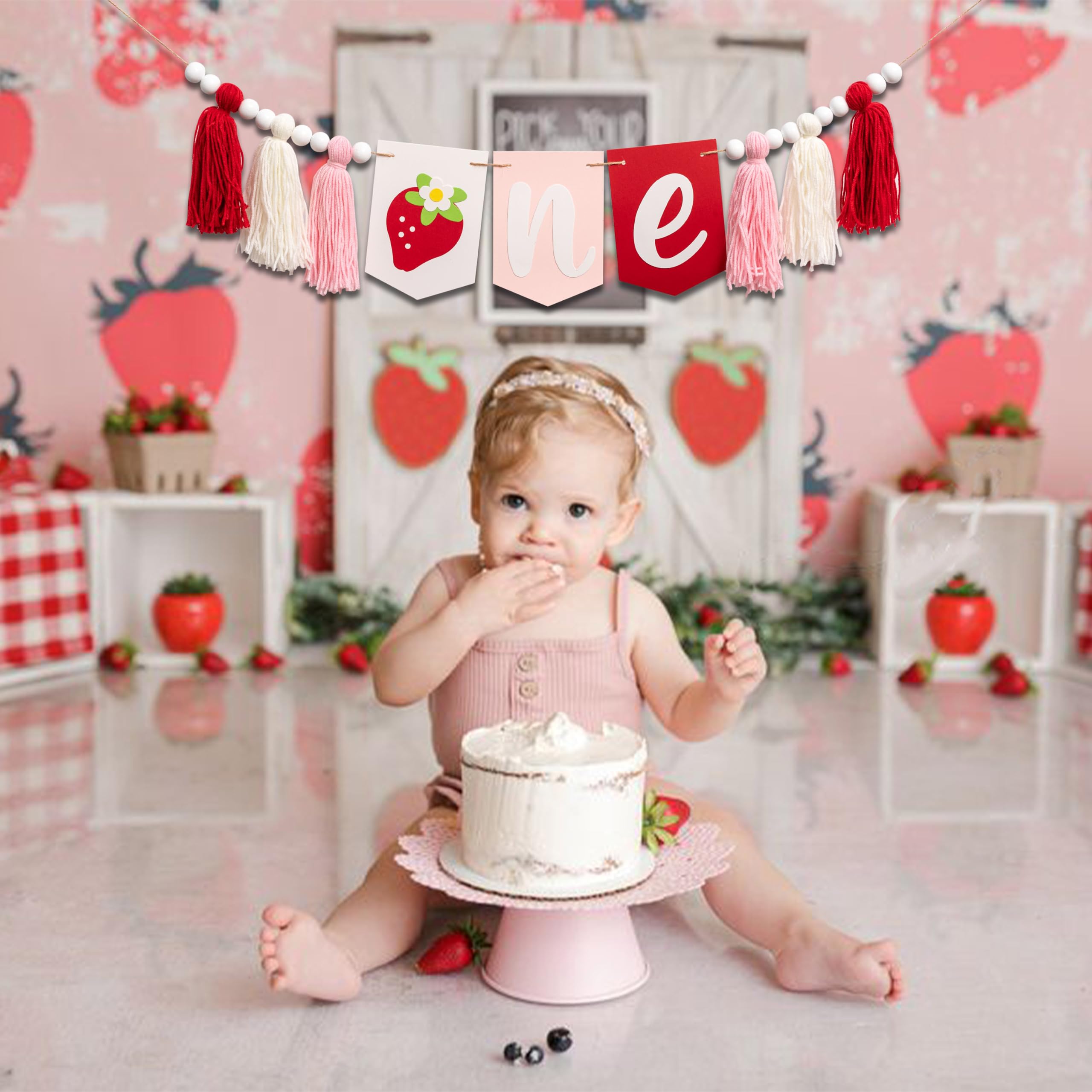 MUWEOL Strawberry First Birthday High Chair Banner - 80" Berry Tassel Garland, Sweet One Decoration