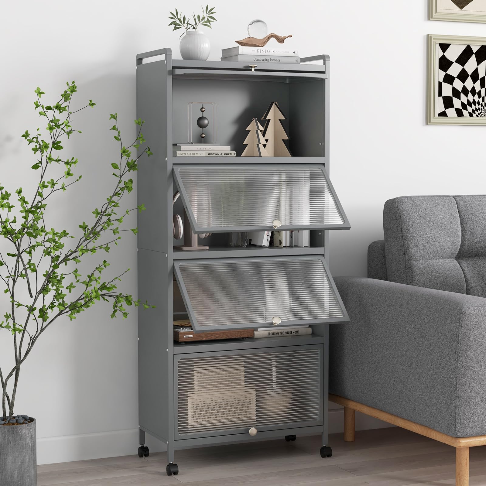 GIANTEX Armoire Cuisine 5 Niveaux avec Portes Rabattables, Meuble Cuisine Rangement à roulettes Universelles, Cadre en Métal, Étagere Cuisine pour Salon, Kit Anti-basculement, 60 x 32 x 154 cm(Gris)
