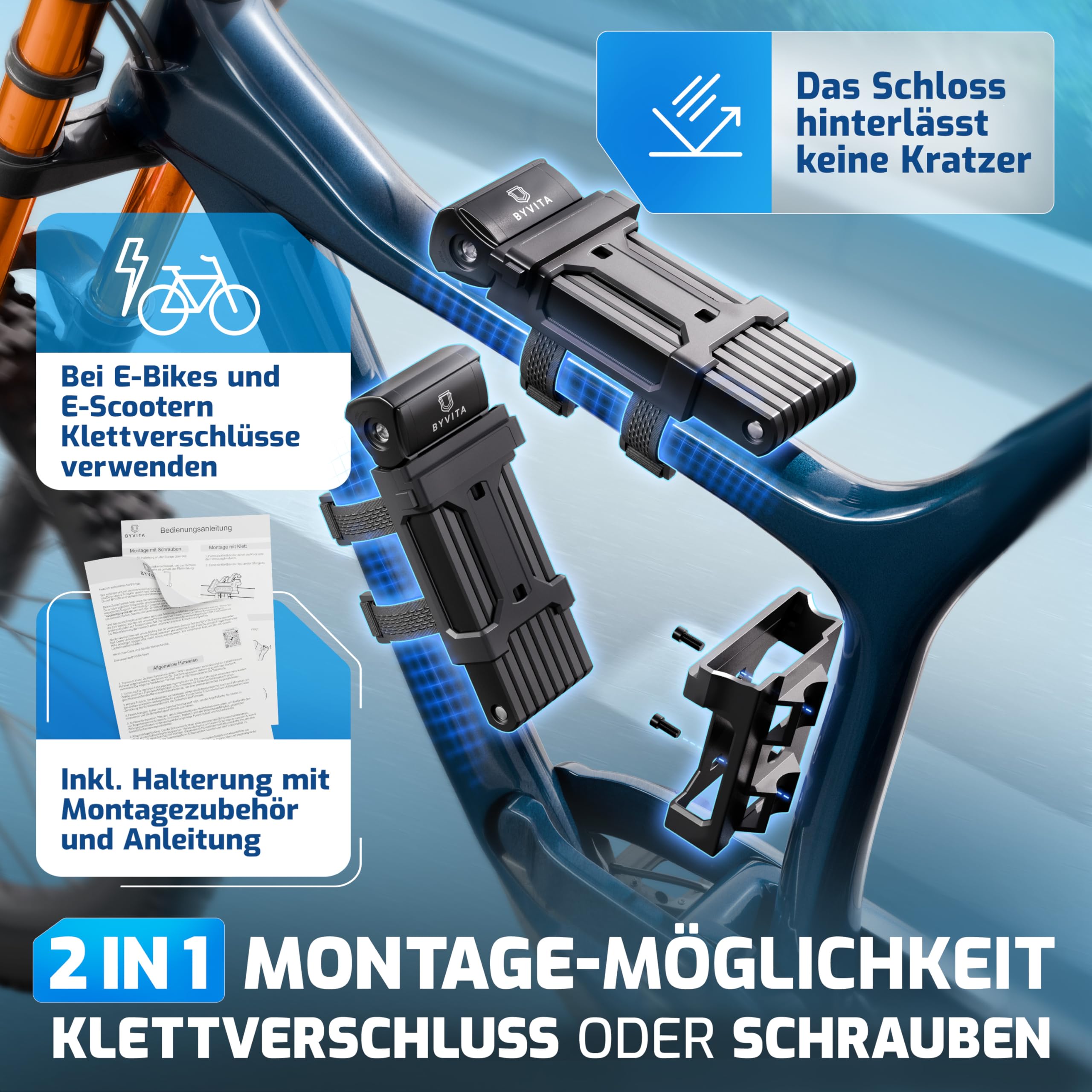 Faltschloss Fahrrad 120cm diebstahlsicher inkl. Kabelschloss - Fahrradschloss hohe Sicherheit - Fahrradschloss Faltschloss mit Halterung - Fahrrad Schloß ideal für E-Bike - Bike Lock