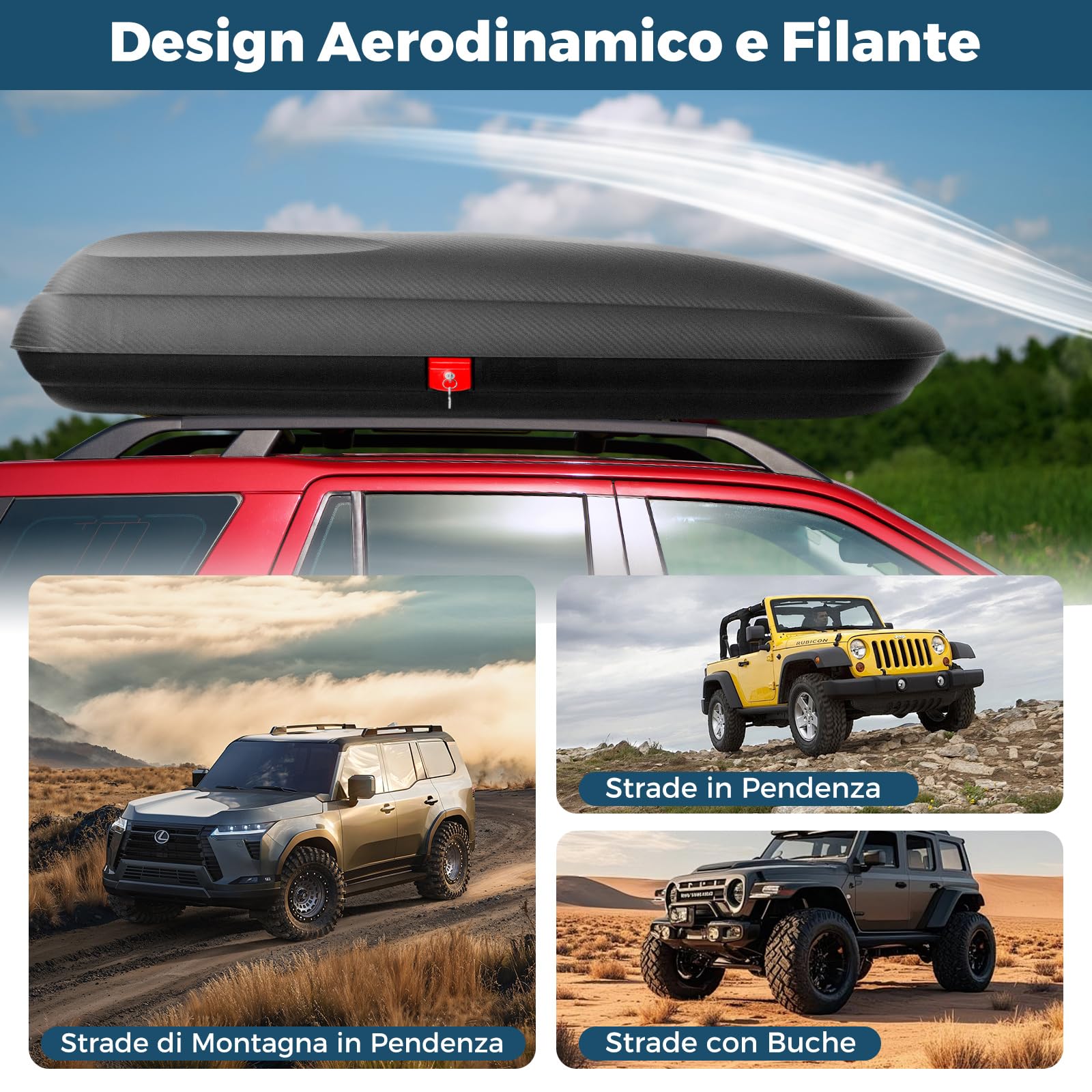 COSTWAY Box da Tetto per Auto XL, Baule Tetto Universale Rigido Impermeabile Super Resistente in Fibra Carbonio e Metallo, Portapacchi per Auto con Chiavi, Capacità 75 kg (201 x 79 x 38 cm)