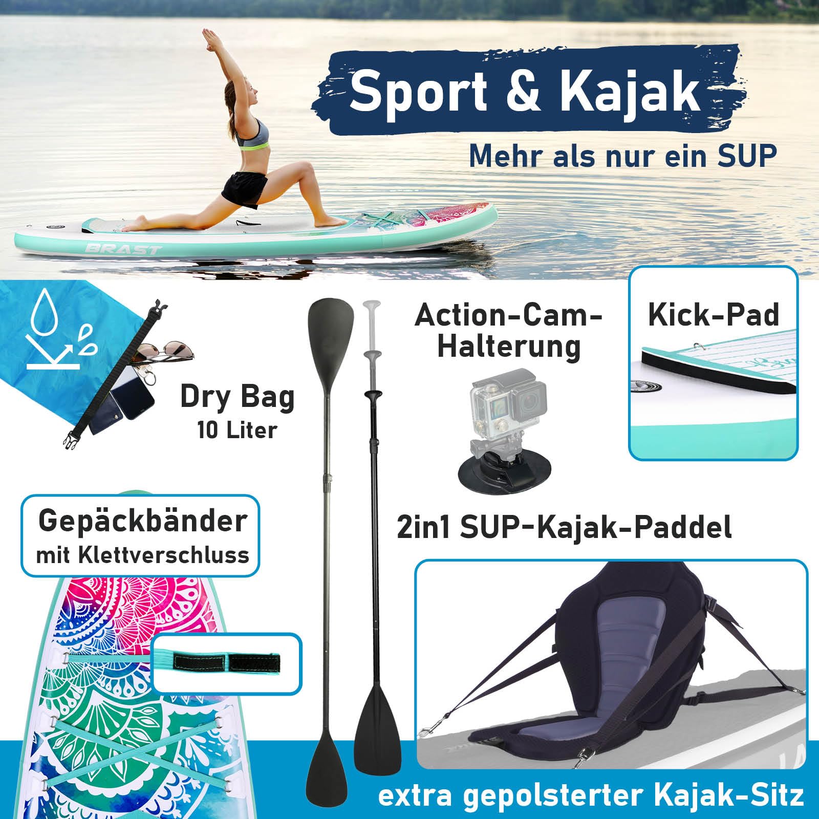 BRAST SUP Board Lady | Aufblasbares Stand up Paddle Set für Frauen | 300cm viele Modelle | inkl. Sonderzubehör | 2in1 Paddel Kajak-Sitz Action-Cam-Halterung Fußschlaufe Pumpe Rucksack
