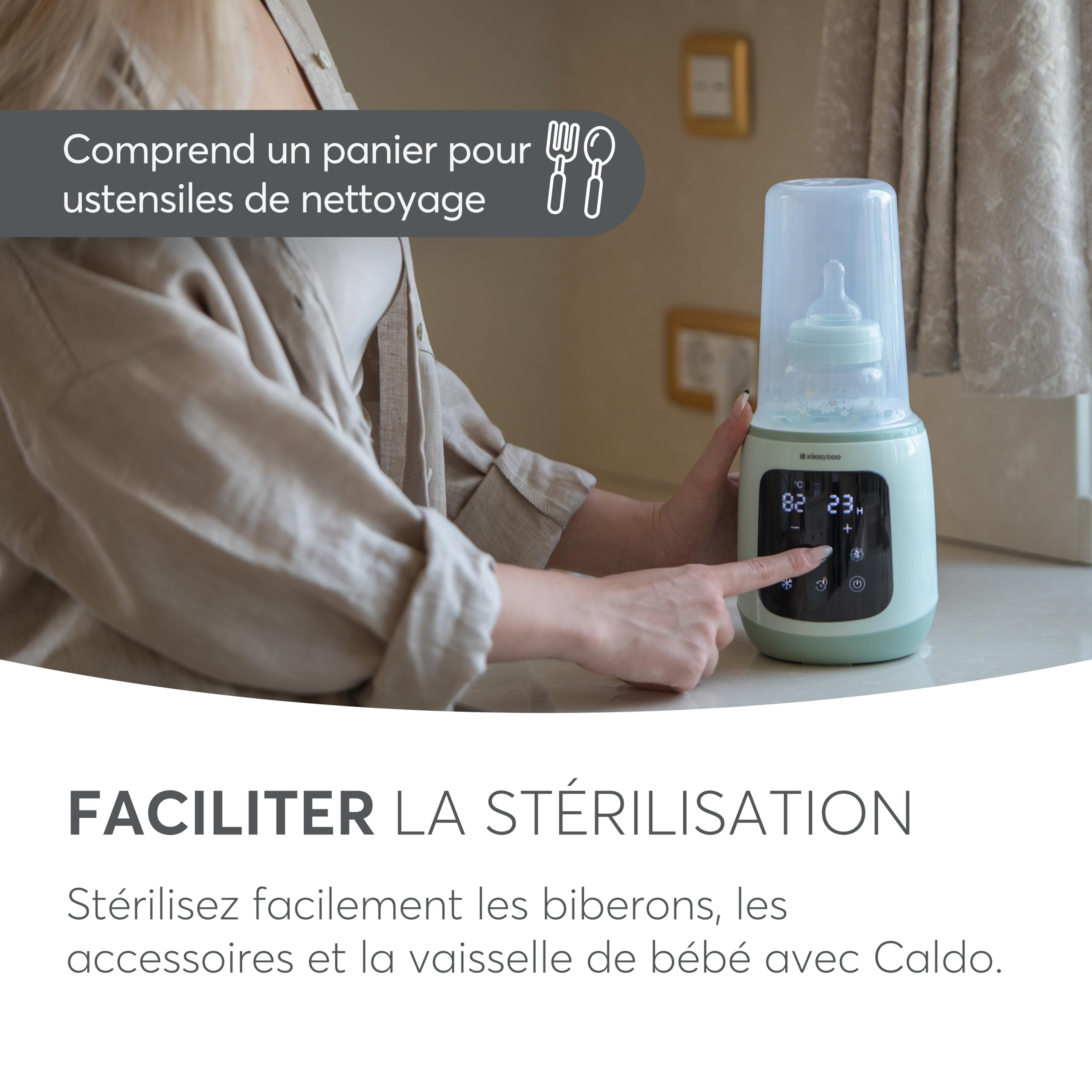 KikkaBoo Chauffe-biberon Électrique 4 en 1 CALDO, Chauffe Lait Maternel & Petits Pots, Stérilisateur Vapeur, Maintien au Chaud, Chauffe Rapide, Compatible Biberons Standards, Menthe