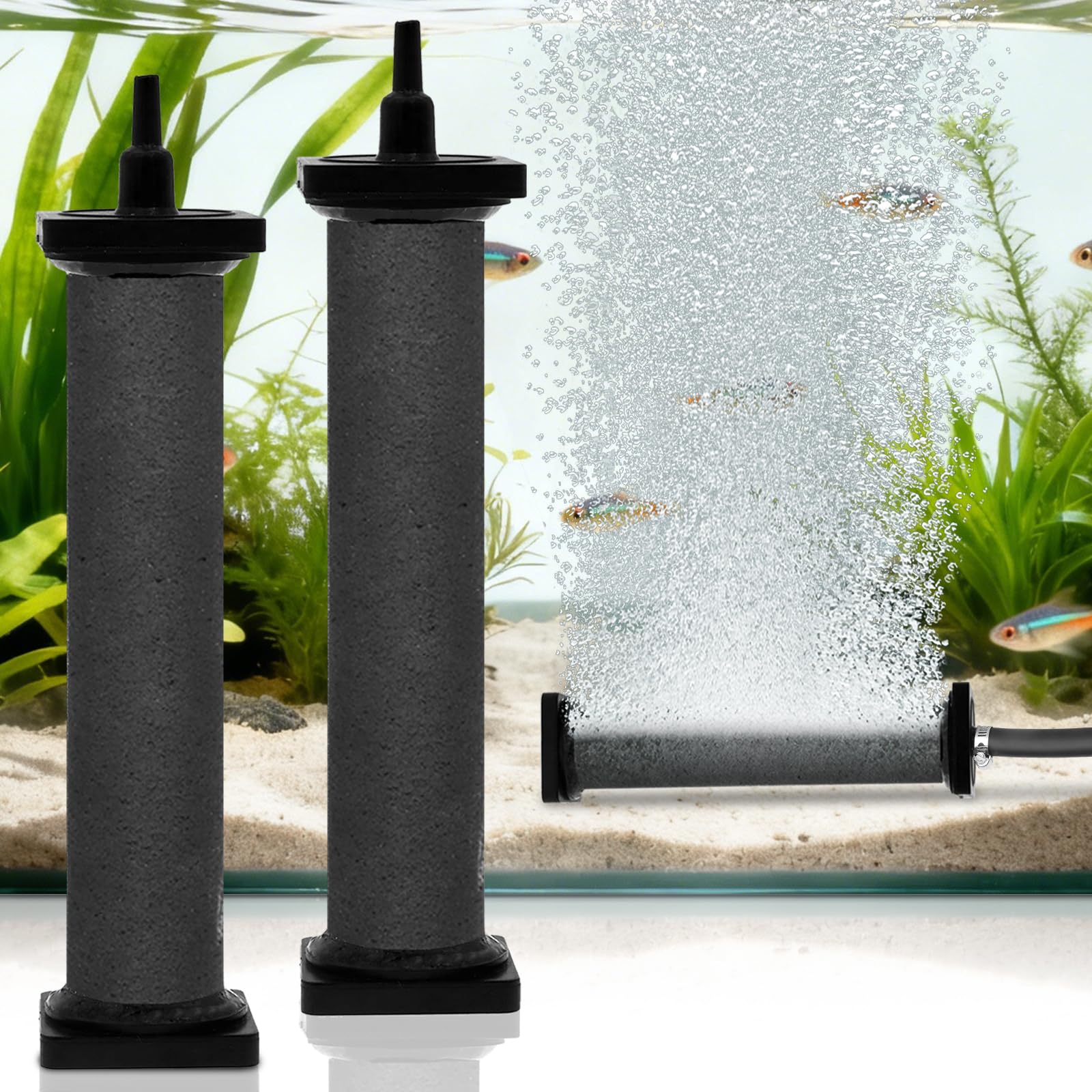 AquaMiracle New Innovative Rubber Air Stone for Large Aquarium, 8”x1.25” Fish Tank Air Stone 2-Pack, Air Bubbler Oxygen Air Diffuser for Pond Aerator