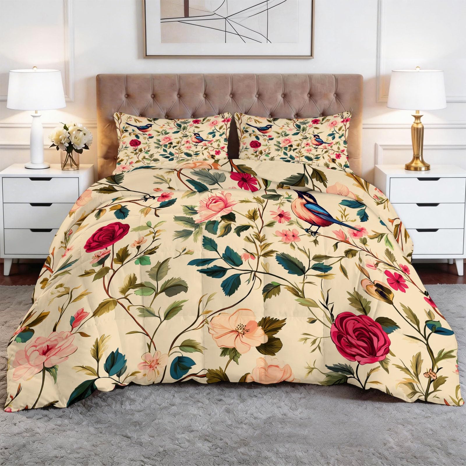 Couette imprimée 200x200 cm fleurie pour décoration chambre adulte vintage et romantique