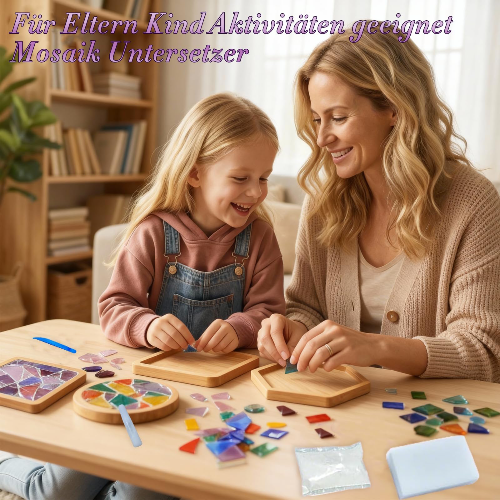 Mosaik Bastelset Kinder, 4 Stück Mosaiksteine zum Basteln und Holz Untersetzer, DIY Kit, Wärmeisolierender Untersetzer für Kinder ab 4 Jahren, Mädchengeburtstag