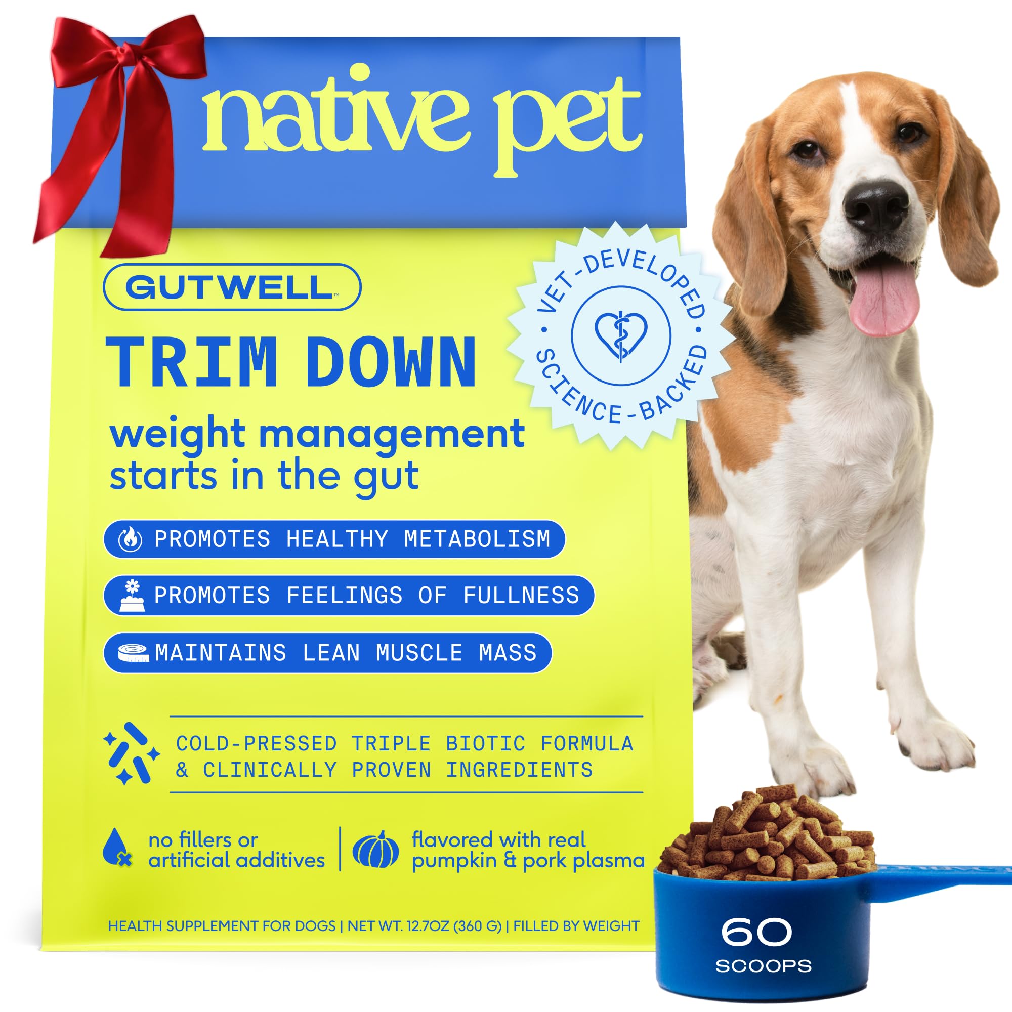 GutWell Trim Down - Weight Management Dog Food Topper - Dog Weight Loss Supplement Promotes Feeling of Fullness, Healthy Metabolism & Lean Muscle with Triple-biotic Blend & L-Carnitine - 60 Scoops