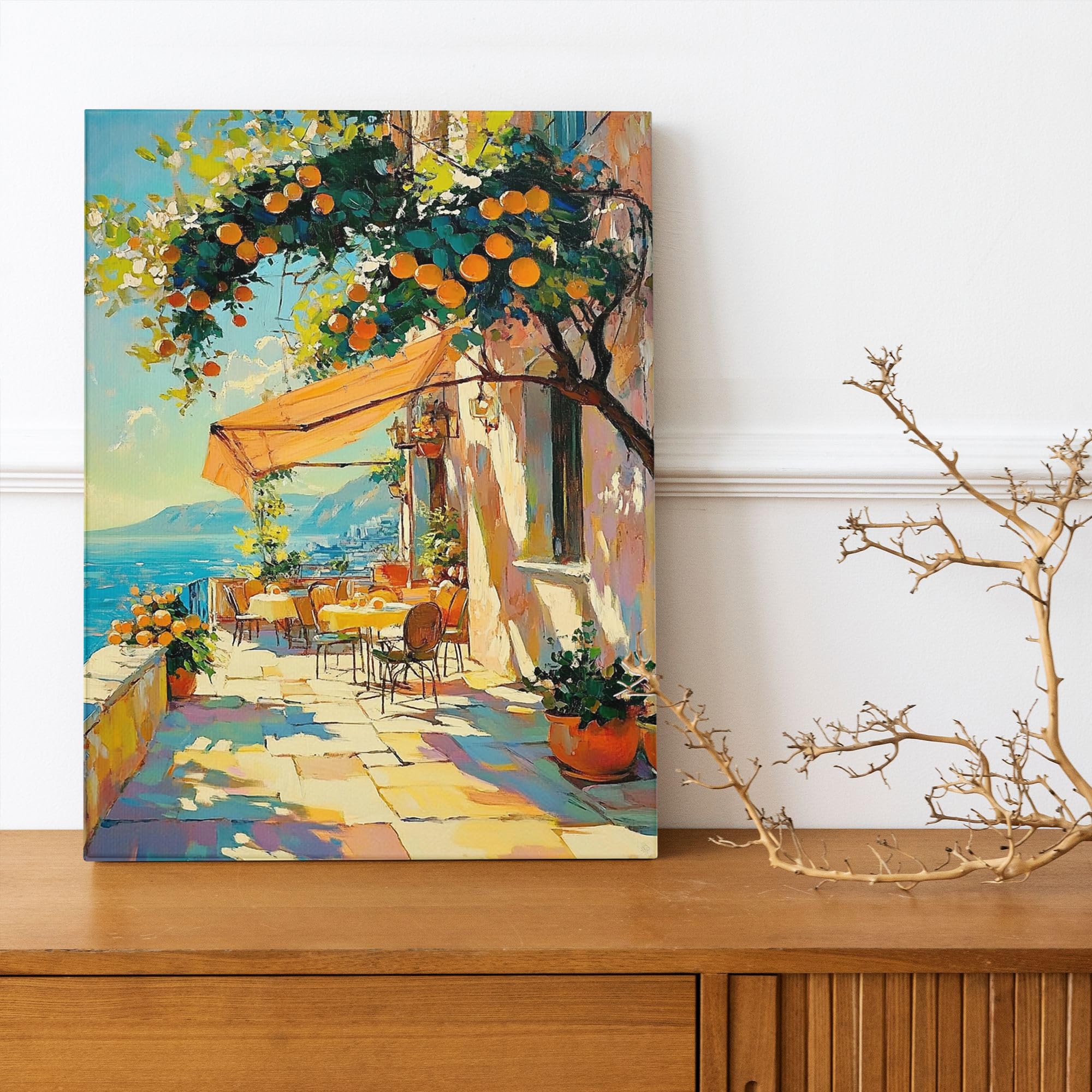 Sunny Mediterranean Canvas Wall Art, Vibrant Orange Green Outdoor
