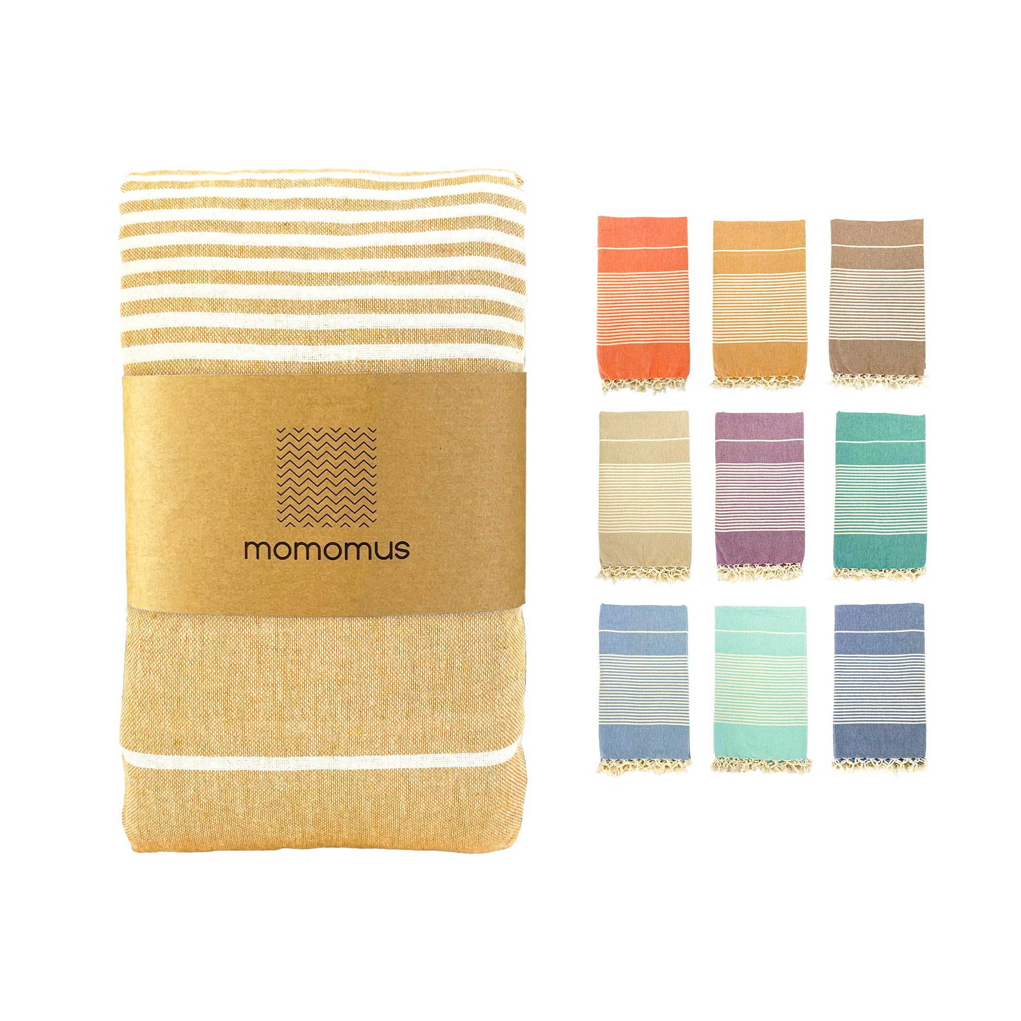 MOMOMUS Fouta Playa XXL, con Flecos y 100% Algodón – Ideal como Toalla de Playa Grande Antiarena, Manta de Picnic sin Arena, Pareo Gigante o Alfombra de Piscina – Mostaza, 210x240 cm