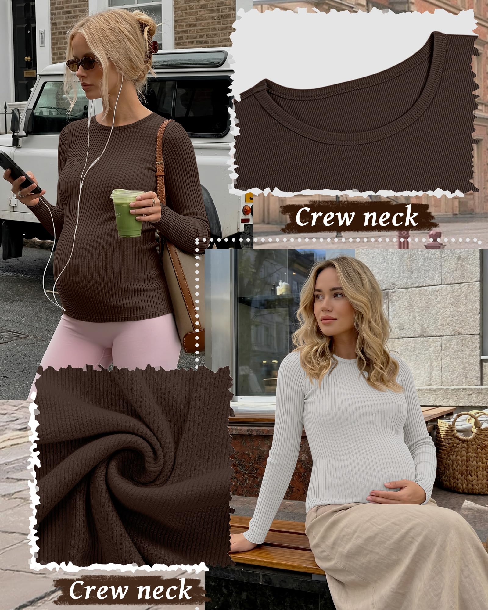 Riyiper Confezione da 3 Magliette Premaman da Donna, Maniche Lunghe, in Maglia a Coste, Tuniche in Cotone, Top Autunnali