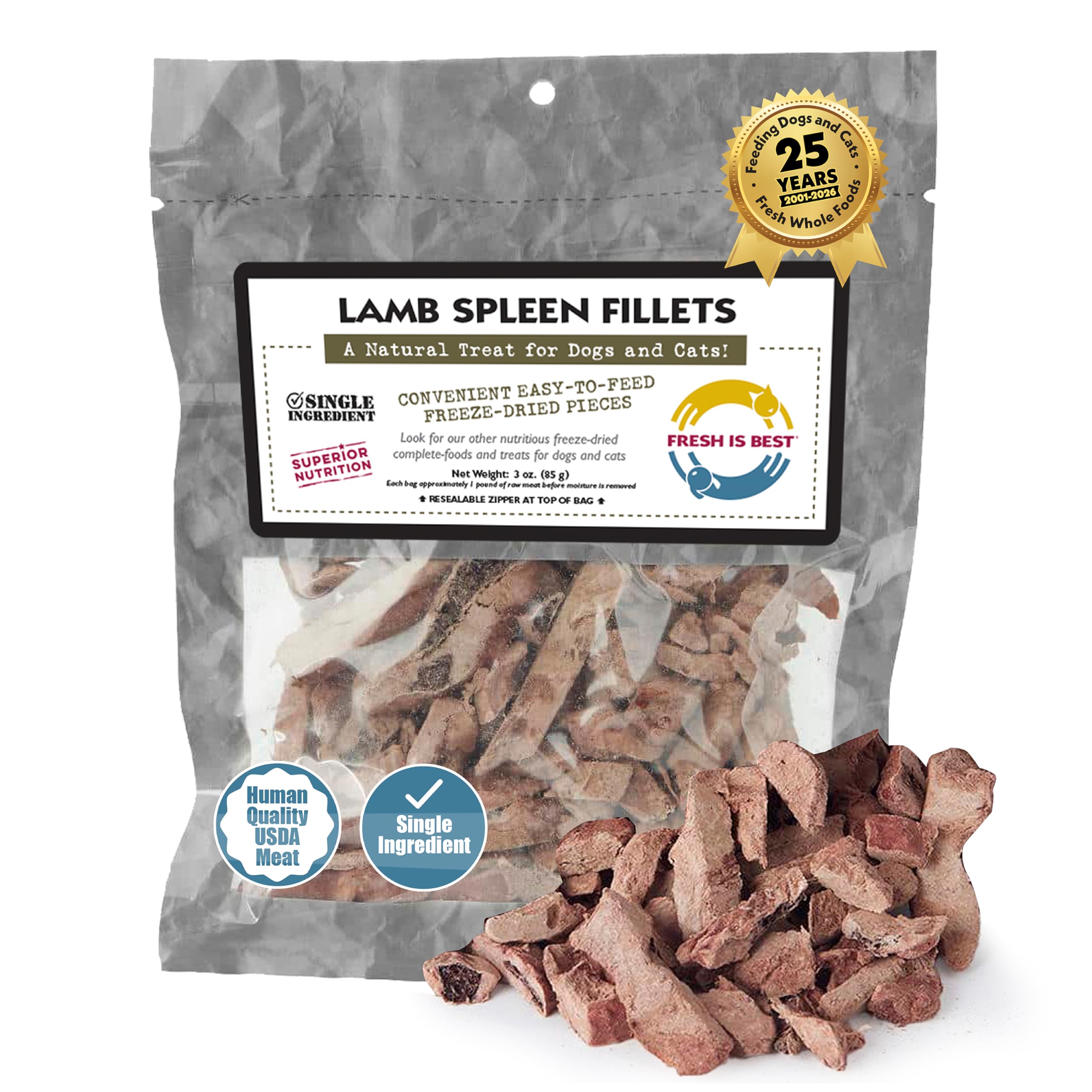 Fresh Is Best Lamb Spleen Fillets Freeze Dried Dog Treats – Raw Freeze Dried Treats for Dogs & Cats in Resealable Zipper Bag – High-Protein Single Ingredient – Made in The USA