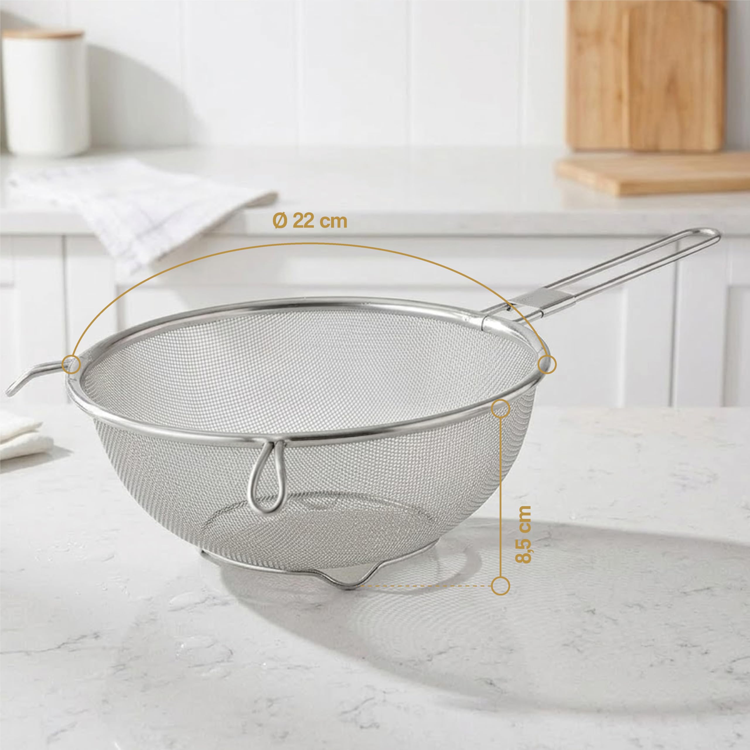 Scolapasta Acciaio Inox Maglia Fine - Colino Acciaio Inox Maglia Fine - Colino Cucina - Scolapasta con Manico, Filtro per Pasta, Riso, Verdura - Scola Pasta da Cucina - 22 cm