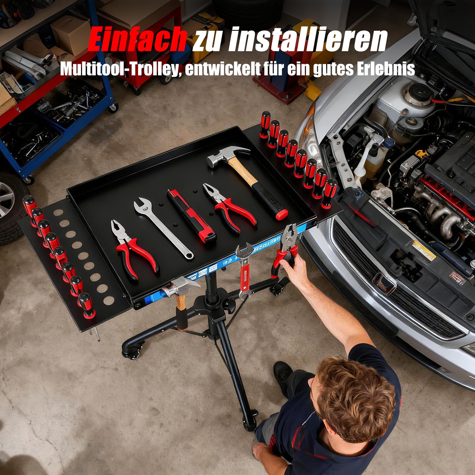Mobile Werkbank mit Rollen, Höhenverstellbarer Werktisch mit Magnetstreifen, multifunktionale Arbeitstisch für die Garage, Reparatur Werkstatt Haushalt DIY