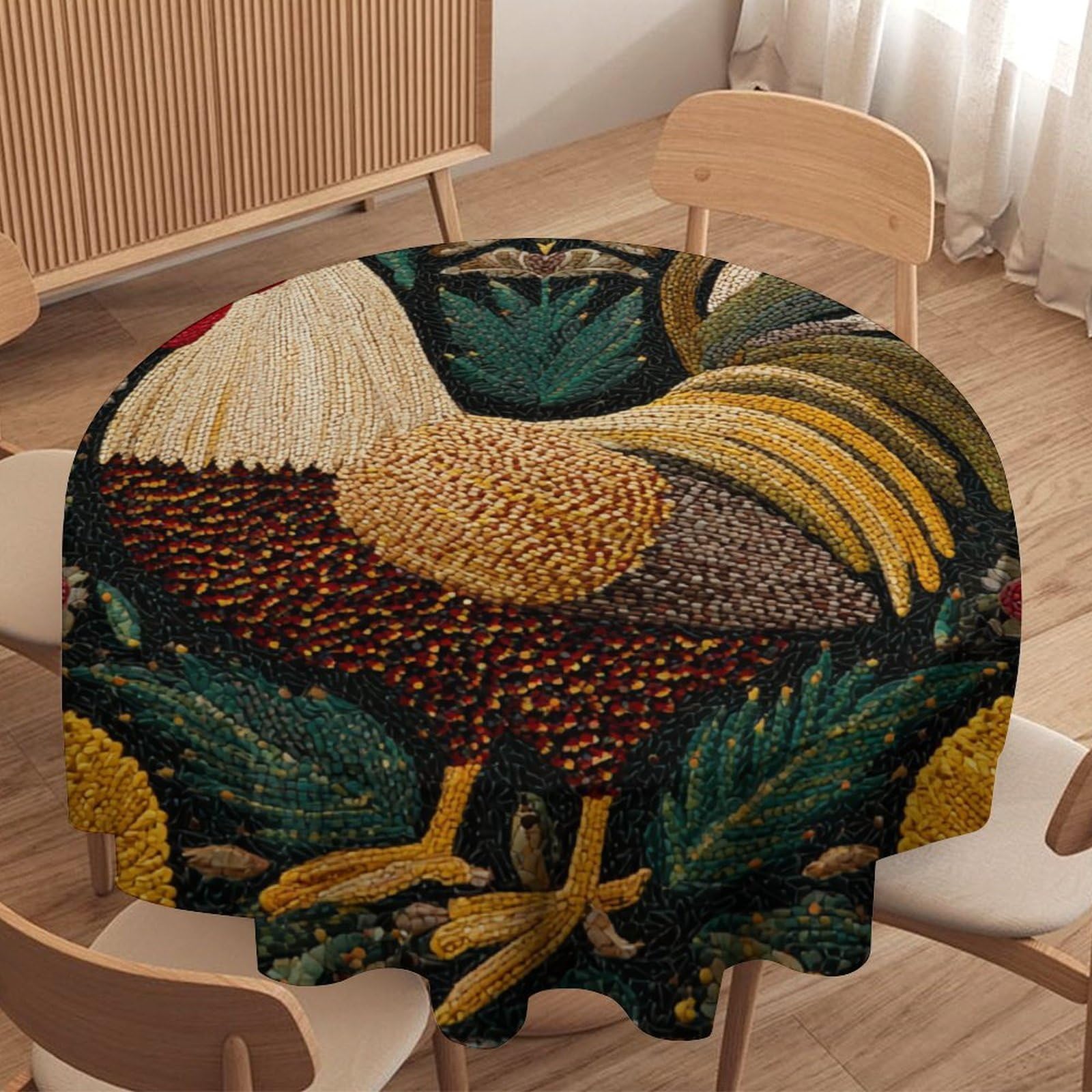 LUYYSKY Retro Rustic Roosters Round Tablecloth Fantasy Watercolor Animals Chickens Botanical Plants Flowers Print Washable Decor for Table Cover for Kitchen-177.8" Wx177.8 L cm