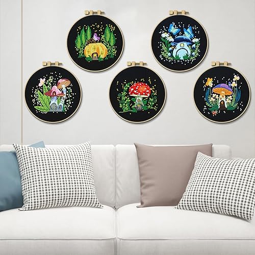 Miniatura 6 de ERKOON Juego de 5 juegos de bordado para principiantes, juego de costura práctico para manualidades, kit de inicio de punto de cruz de hongos, kits