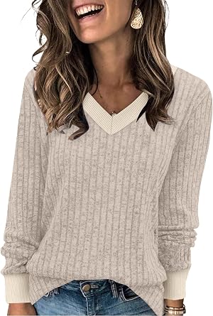 Sampeel Womens V Neck Long Sleeve Shirts Dressy Casual Fall Tops, Soft Lightweight Tunic Sweaters Fashion Outfits 2026