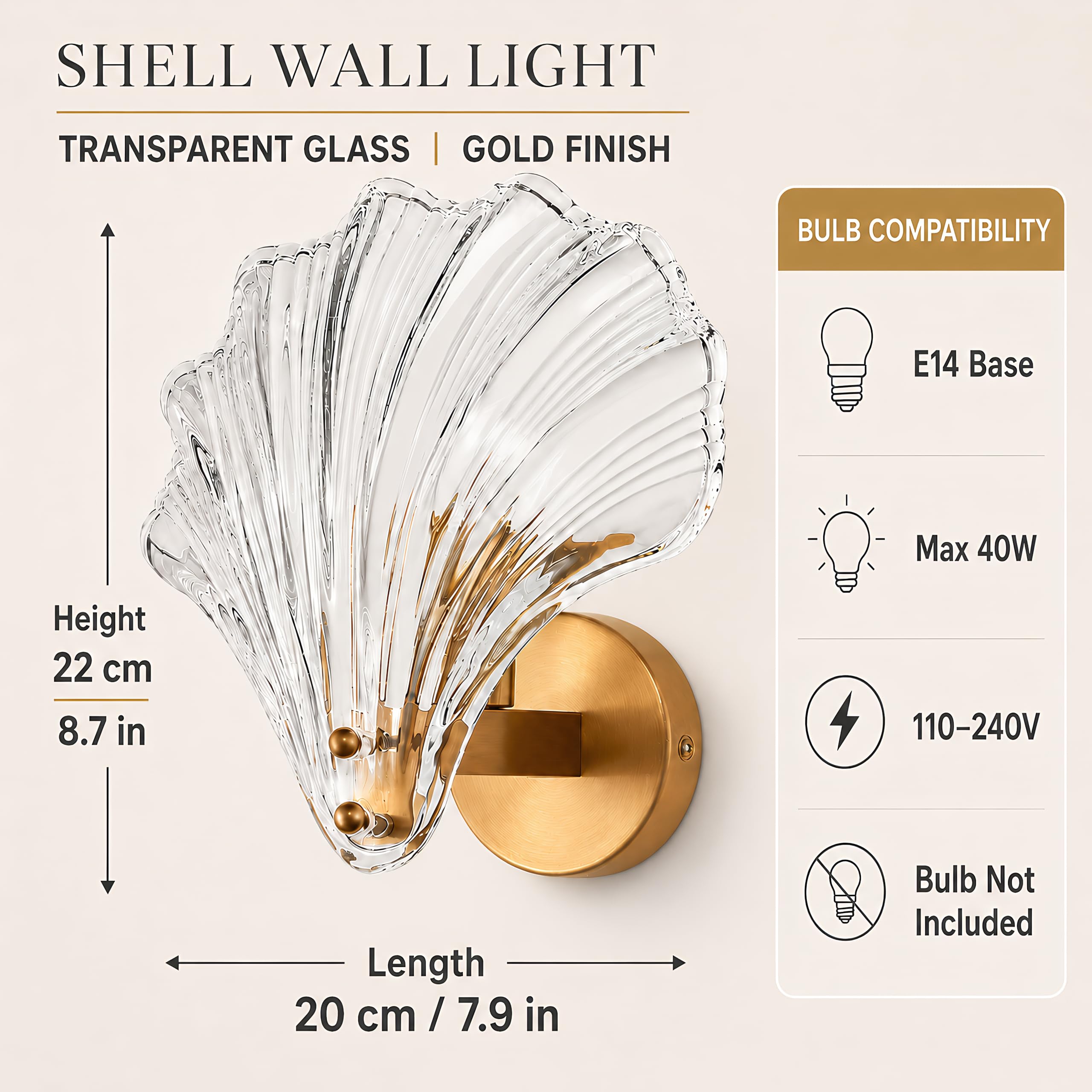 Aplique de Pared Interior Moderno de Vidrio en Forma de Concha, Lámpara de Pared E14 con Pantalla de Vidrio, para Dormitorio, Pasillo, Salón, Comedor (Transparente)
