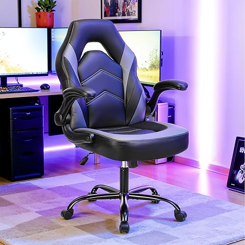 Miniatura 2 de Silla ergonómica de escritorio para juegos, silla giratoria ajustable de piel sintética con reposabrazos abatibles para oficina en casa