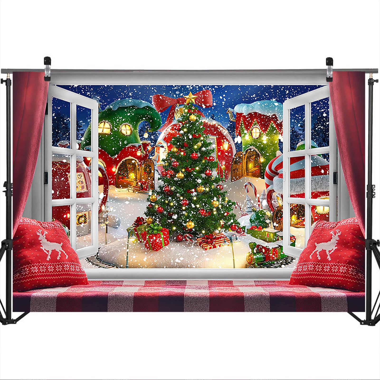 Toile De Fond De Noël Scène De Neige D'hiver Fenêtre Photographie Arrière- Plan Couronne De Noël Arbre De Noël( 8x6 Pieds ) - Maison