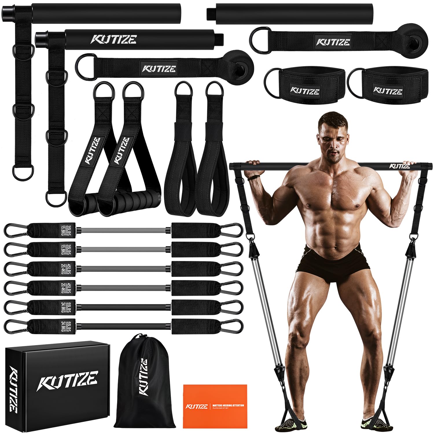 KUTIZE Pilates Bar Kit with Resistance Bands, Heavy Duty Pilates Equipment for Men, Strength Training Bar for Legs, Hip, Back, Arm, Abs, Chest, Shoulders, Portable Home Gym Full Body Workout Equipment