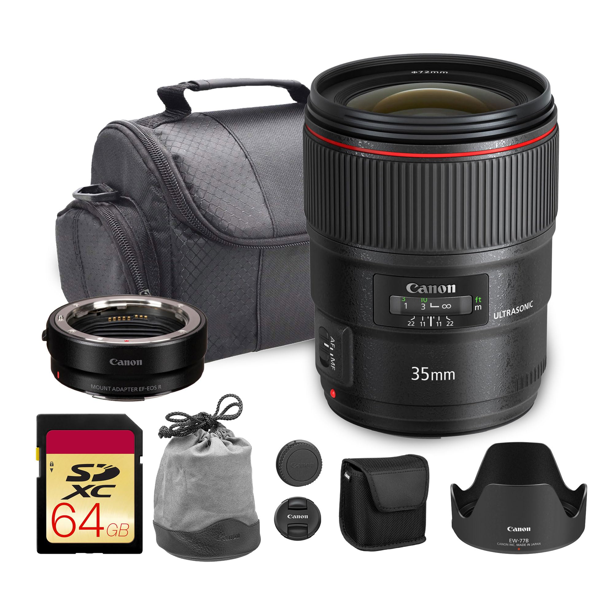 Canon EF 35mm f/1.4L II USM Lens | L-Series Wide-Angle Prime with Bright f/1.4 Aperture & Advanced Optics | For Weddings, Street & Low-Light Photography (9523B002) + Adapter EF-EOS R + Bag + 64GB Card