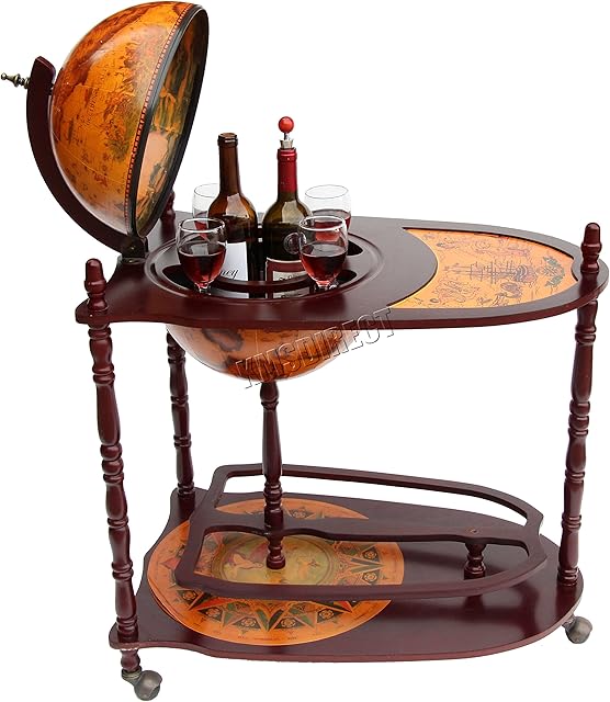 WestWood Globe Shaped Mini Bar Trolley With Table Drinks Cabinet Retro Style Host Glasses Bottles Wine 330MM