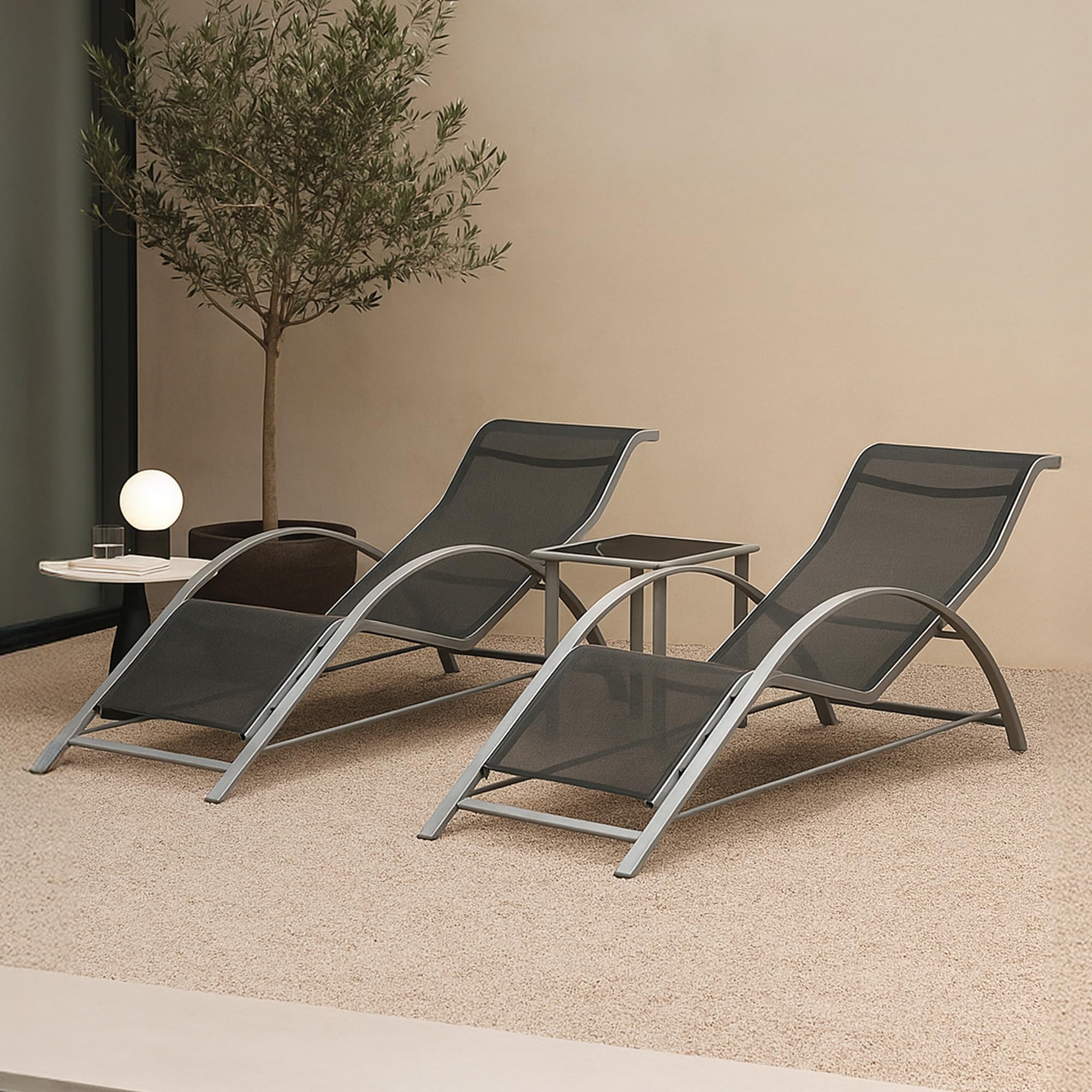 [en.casa] Juego de Muebles de Jardín Binetto Set de 2 Tumbonas con 1 Mesa Exterior Balcón Terraza Piscina Jardín Acero Vidrio - Gris Negro