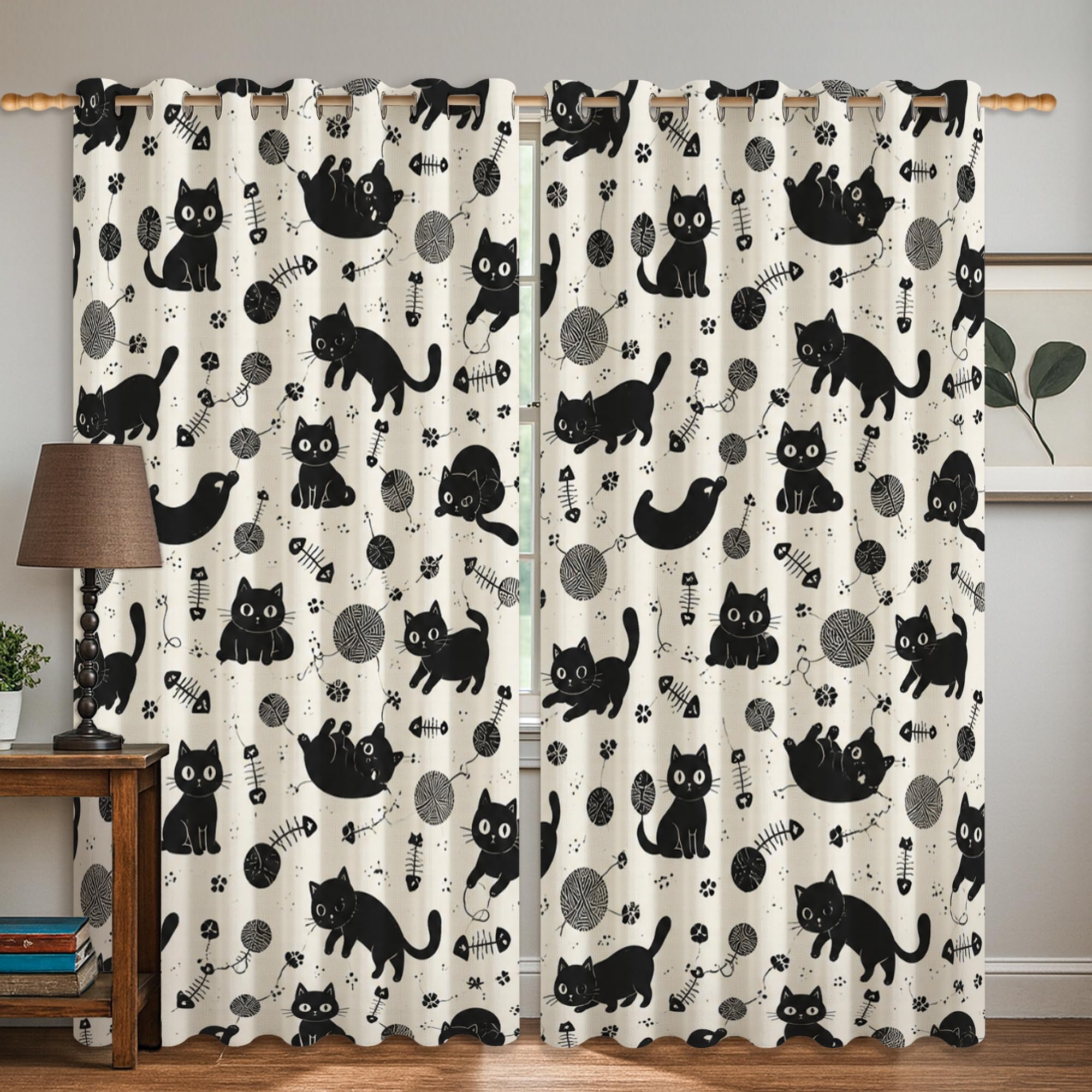 Rideaux occultants chat noir 132x160 cm pour salon et chambre