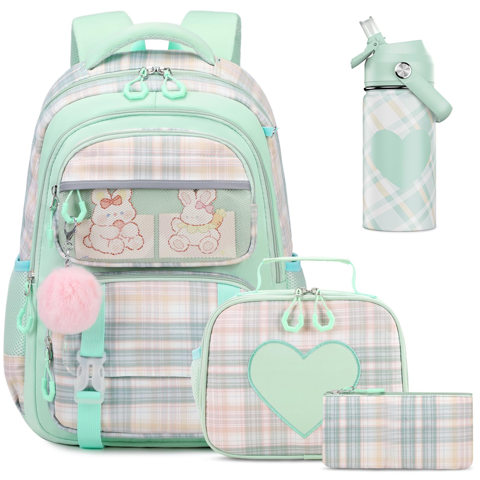 Bevalsa Kids Backpack for Girls with Insulated Water Bottle, Plaid Pink Bookbag Backpack for Girls Kid, 14oz Termos Kids Water Bottle Stainless Steel,