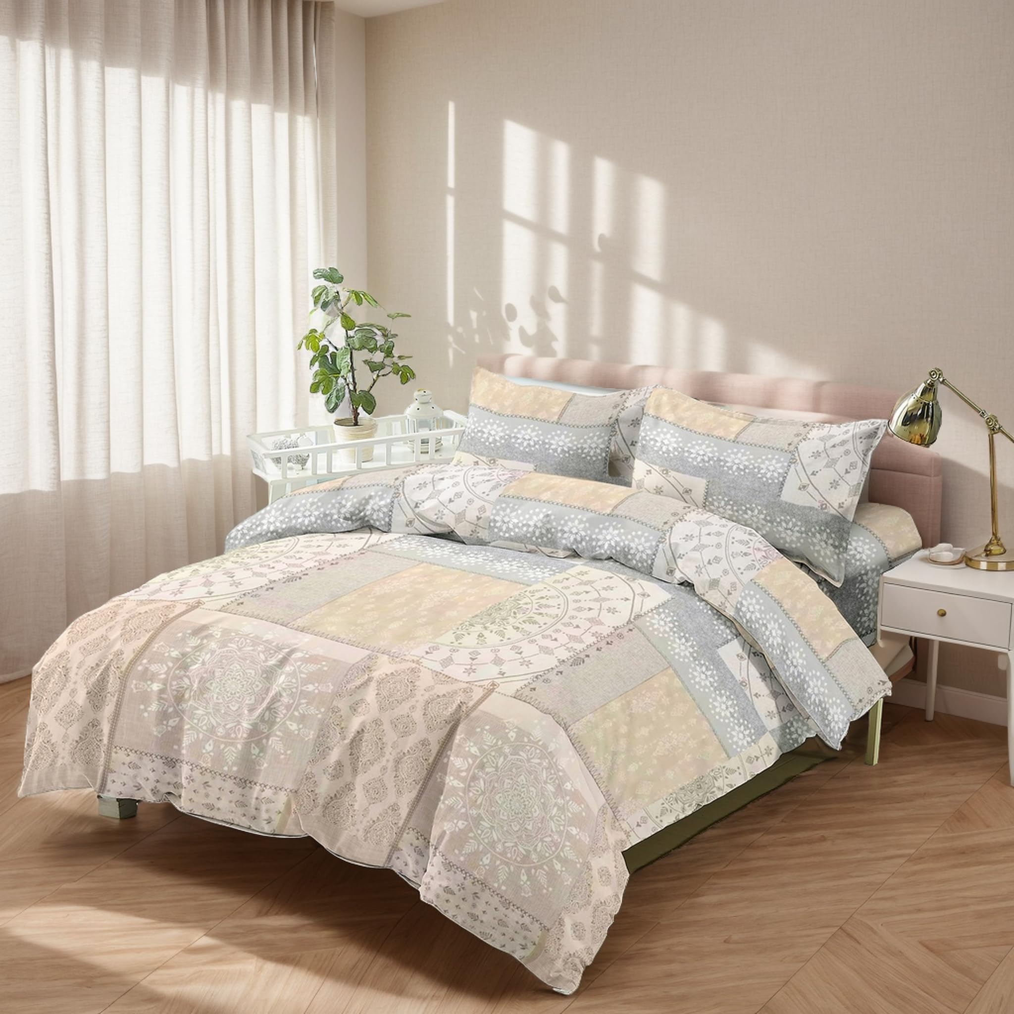 Juego de Funda Nordica Microfibra de 4 Piezas para Cama 135 Ultra Suave Transpirable, Incluye 1 Funda Edredón 220x220cm, 1 Bajera 135x200+28cm, 2 Fundas de Almohada 50x75cm - Mandala Beige