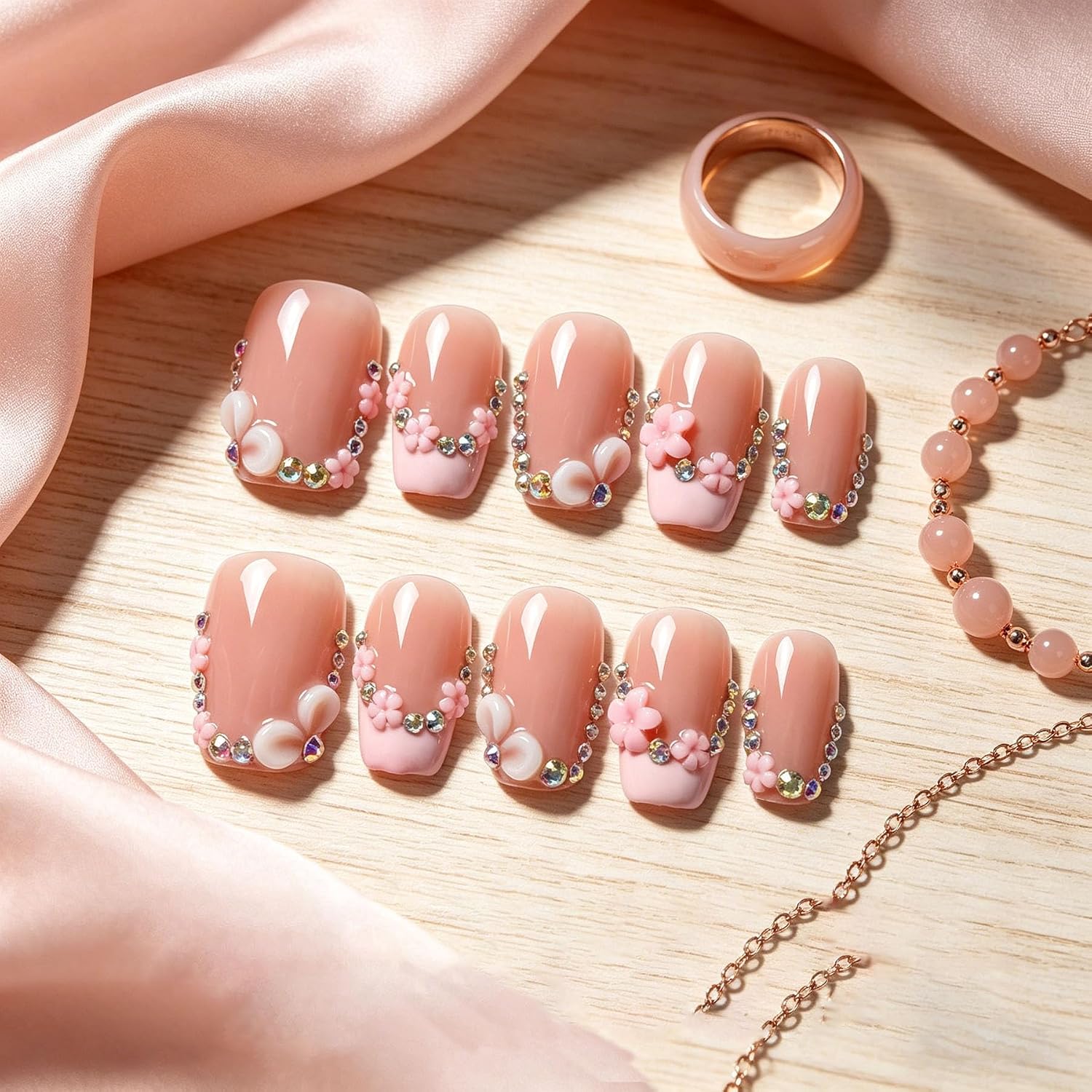 Short Square Press on Nails Handmade 3D Cute Glue on Nails for Women, Luxury Homemade Press on Nail Art Design, Fake Nails with 3D Nail Charms Size M 8
