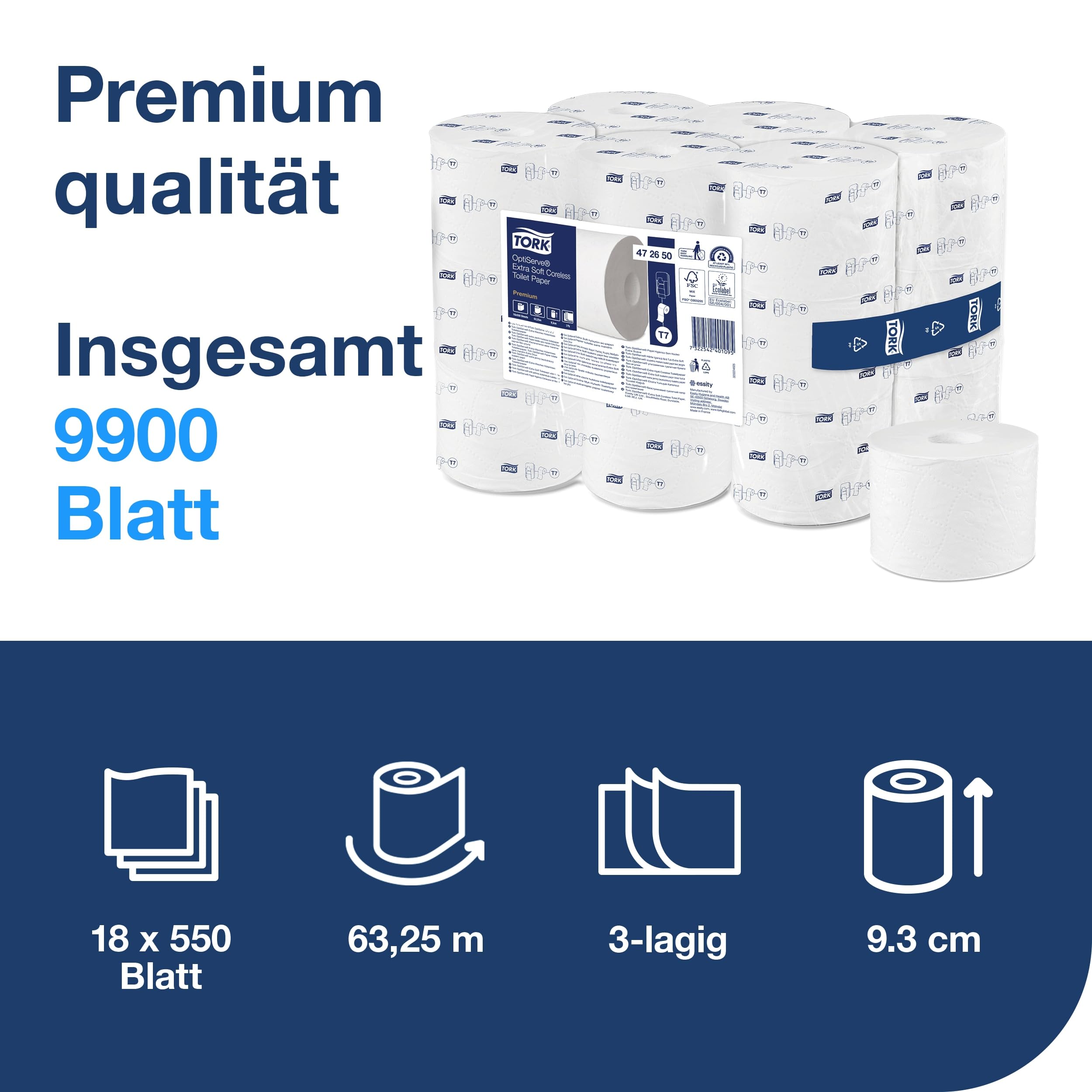 Tork OptiServe Extra Soft Sleeveless Toilet Paper White T7, Premium, 3-Ply, 18 x 550 Sheets, 472650