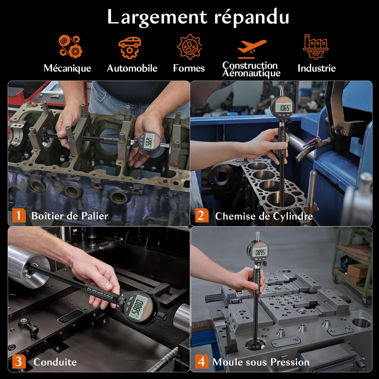 50-160 mm Jauge d'Alésage Numérique 0.01mm Jeu de jauges à cadran pour cylindres Comparateur de Précision avec 12,7mm Indicateur de Cadran 22 Tailles Têtes de Mesure