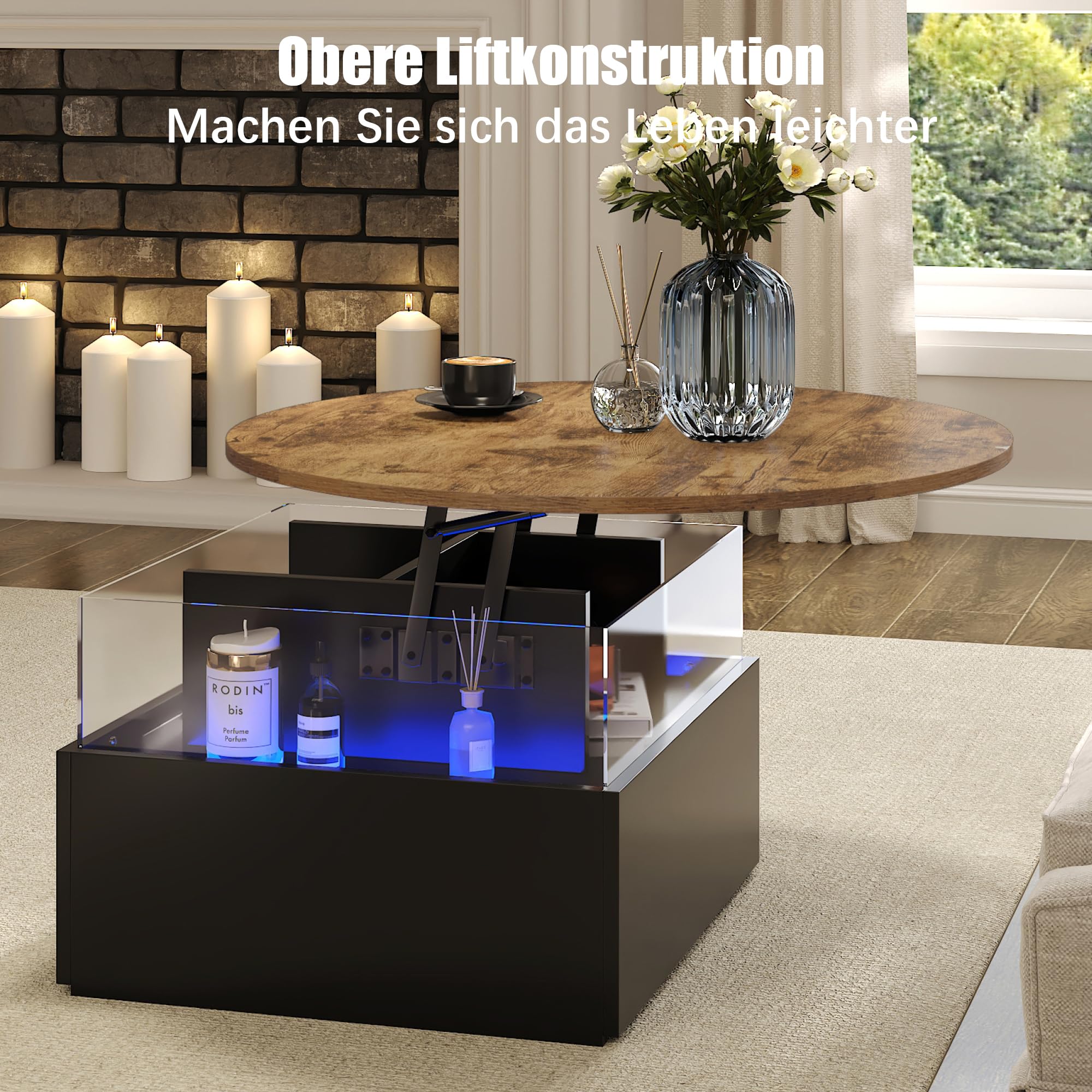 Couchtisch rund höhenverstellbarer Wohnzimmertisch LED Schwarz+Braun