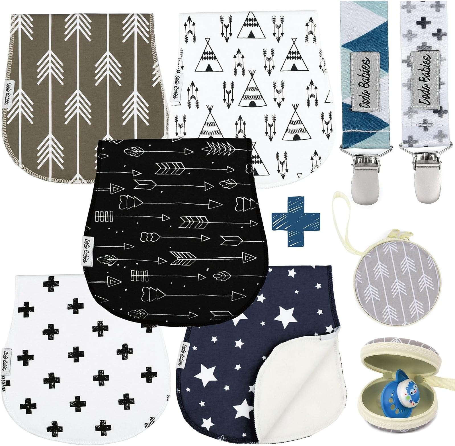 Dodo Babies 5-Pack Baby Burp Cloths โ Soft, Absorbent Cotton Burp Cloths โ Includes Pacifier Case and 2 Pacifier Clips โ Colors: Blue, Grey and Black - Pacifier Clip