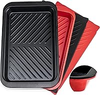 Deep BBQ Grilling Prep & Serve Trays with Lids - Nesting Black/Red Set for Marinating Raw Meat & Serving Cooked Food, Dishwasher Safe