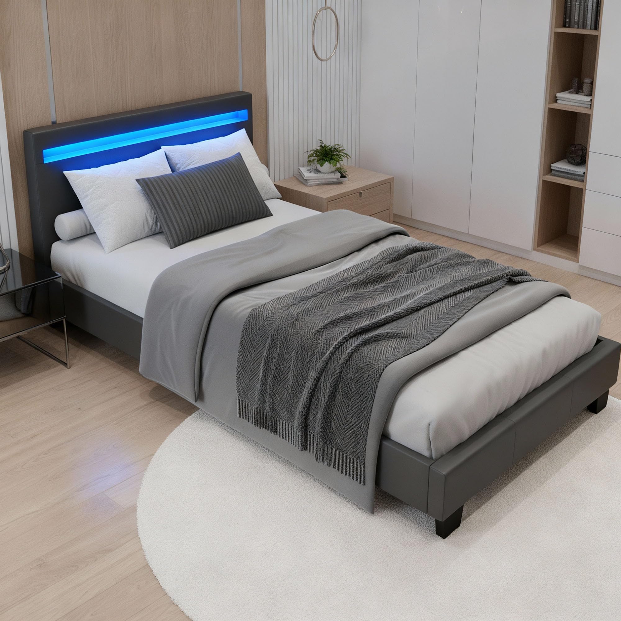 Juskys Polsterbett Verona – 90x200 cm mit LED-Beleuchtung, Lattenrost und Kopfteil