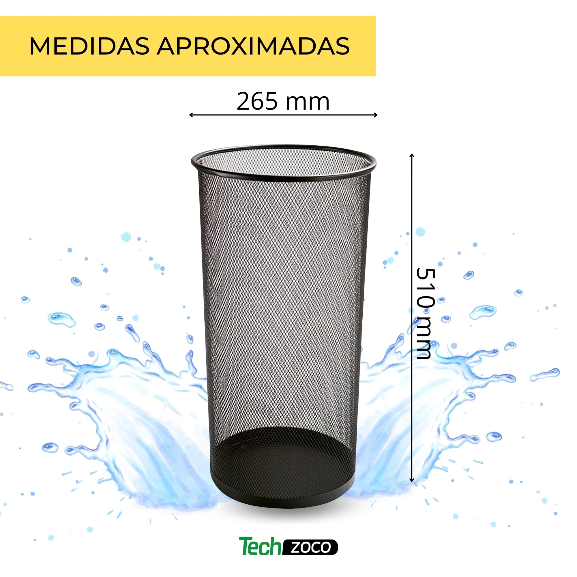 TECHZOCO Paragüeros de Malla Metálica, Soporte para Paraguas de Malla metálica, Porta Paraguas, Recipiente para Paraguas, Paragüero metálico de Malla, Altura 50 cm y diámetro 25 cm, Negro