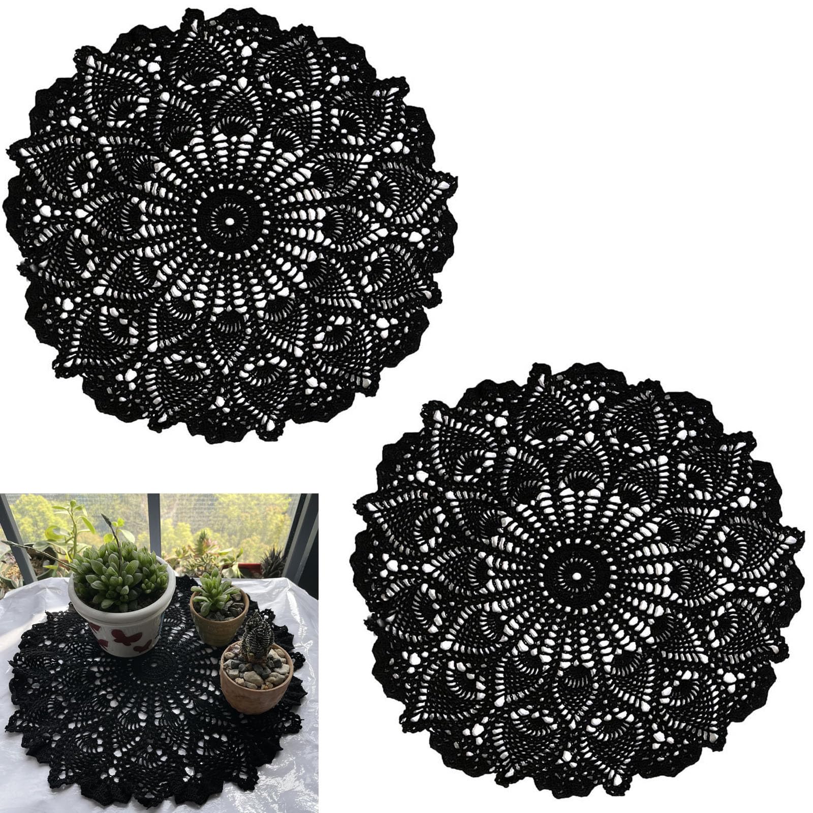 BIBITIME Lace Placemats Table Doilies Round Handmade Crochet Doily Kitchen Cup Mug Mats (Black, 16 to 17.5 inches-2PCS)