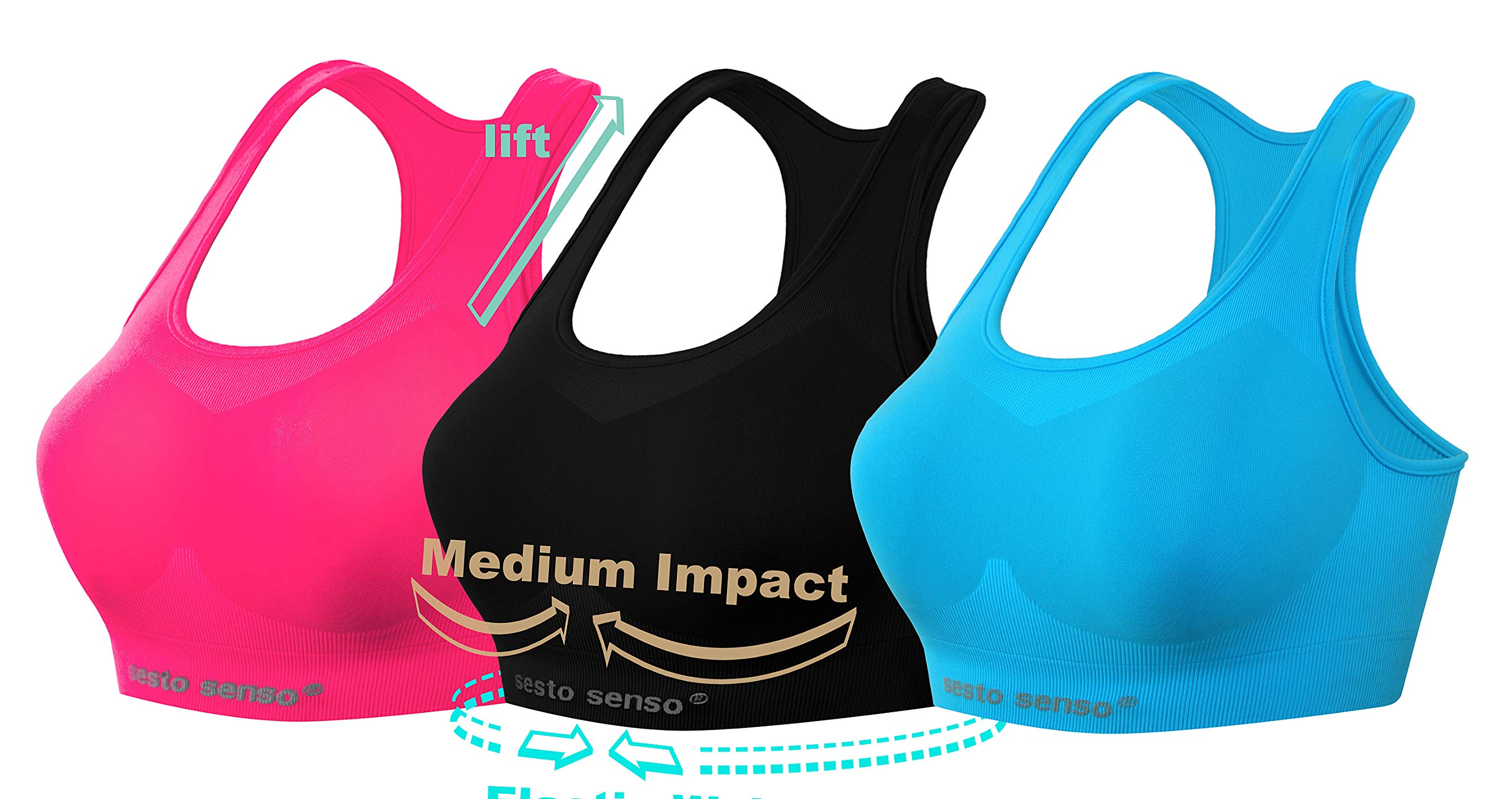 sesto senso Sport BH Nahtlos 3er Pack Damen Racerback Starker Halt ohne Bügel