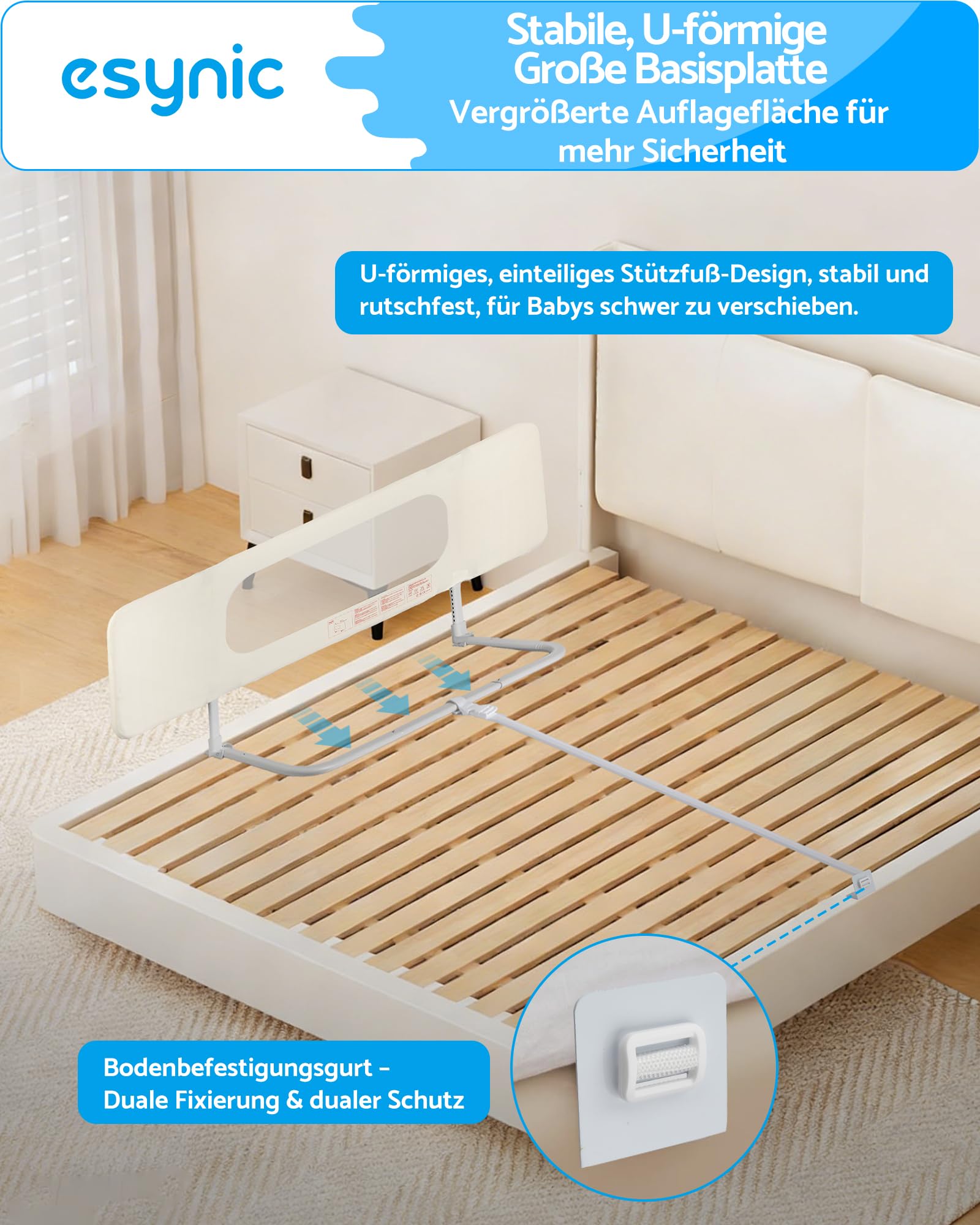 eSynic Tragbares Bettschutzgitter 150 cm Cremeweiß Bettgitter Mobiler Rausfallschutz für Kinder & Kleinkinder Höhenverstellbares Babybettgitter Familienbett Doppelbett Hotelbett für Zuhause & Reisen