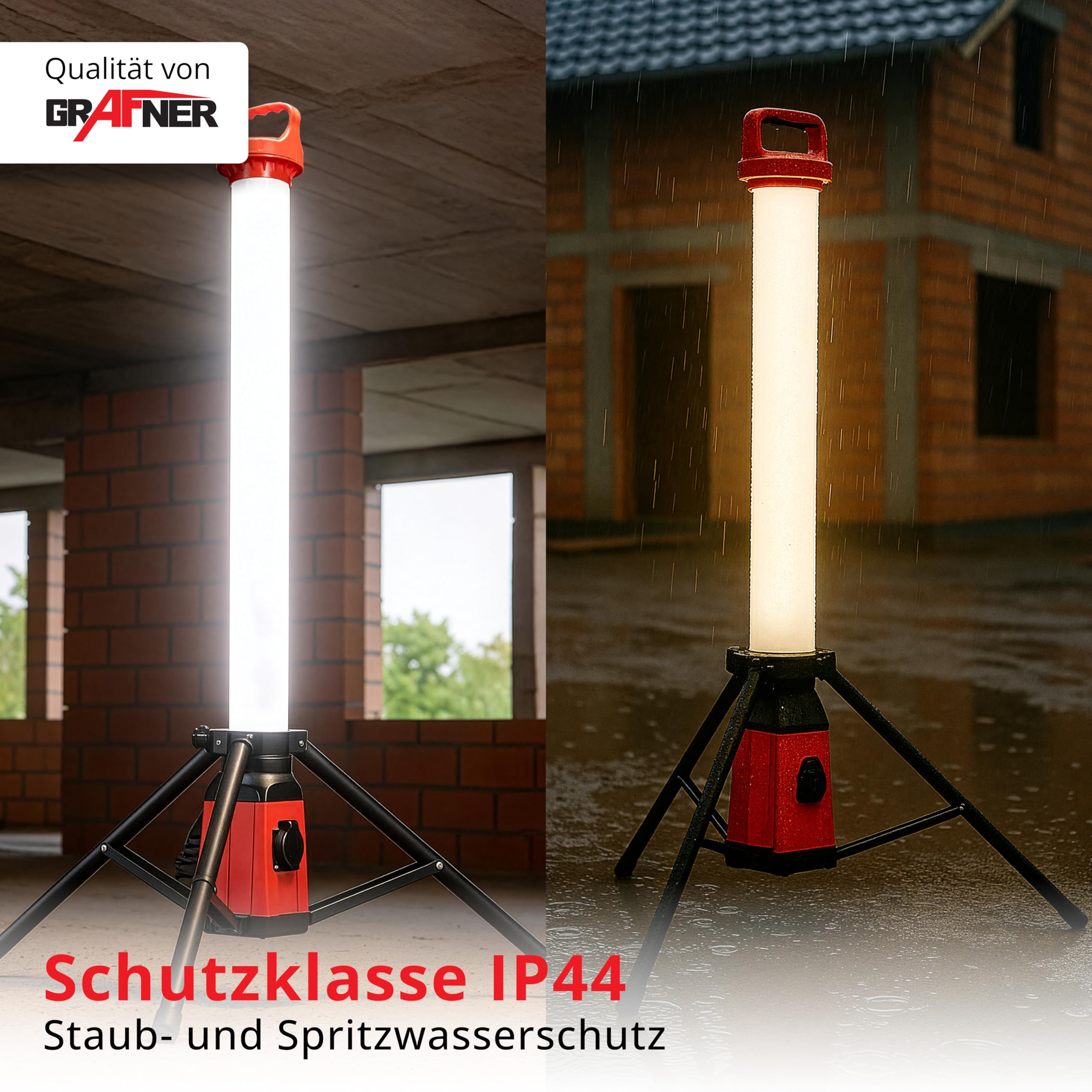 Grafner Profi LED Tower Baustrahler mit Steckdose und Stativ, 360° 7500 Lumen, 100 Watt, Höhe: 150 cm, IP44, 6500K Tageslichtweiß, Arbeitsleuchte Baustellenstrahler 360 Grad rundum Arbeitslampe Turm